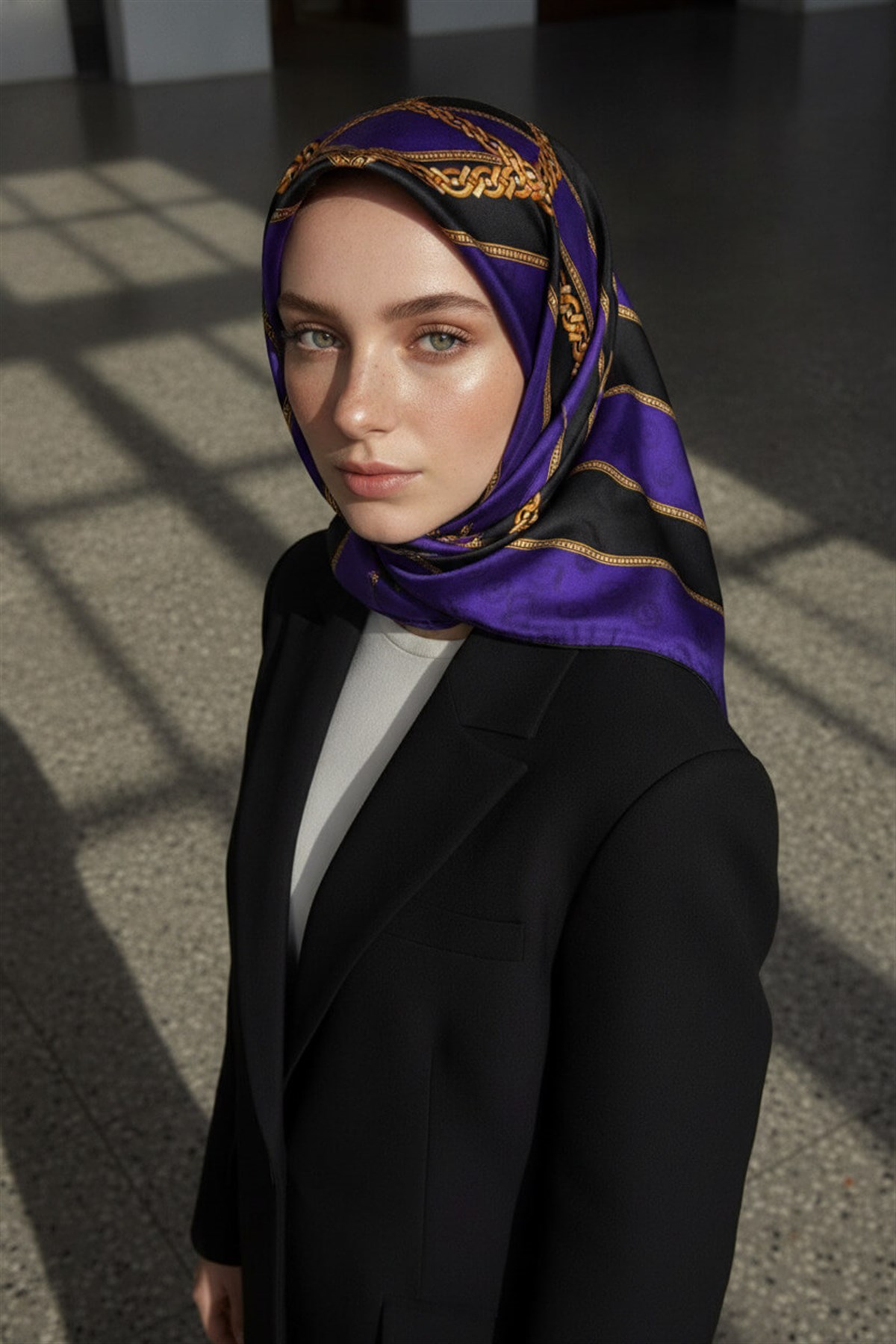 %100 Twill İpek Zincirli Ve Monogram Desenli Mor - Siyah Renkli 90x90 Eşarp Dikim Şekli : El Dikişi