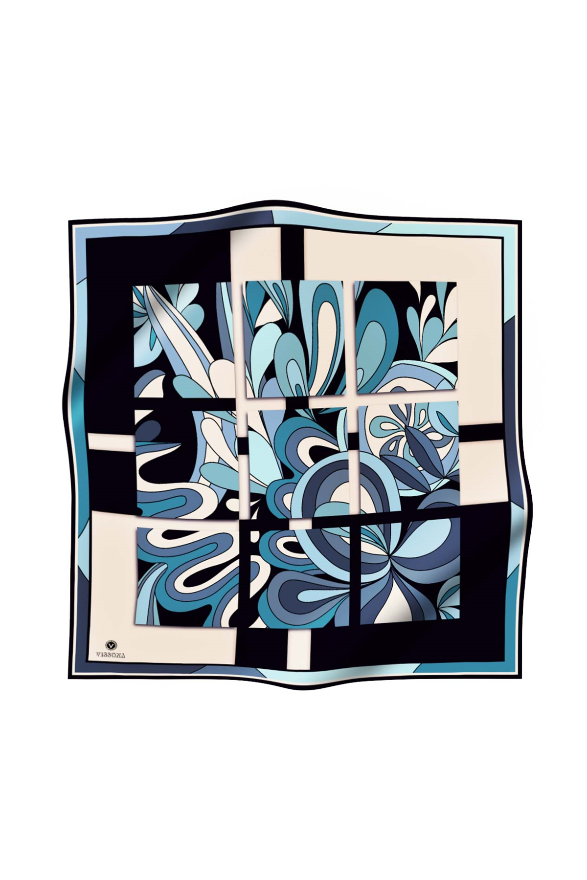 % 57 İPEK % 43 VİSKON Twill İpek Geometrik Desenli Bebe Mavisi - İndigo Renkli 90x90 Dikim Şekli : El Dikişi Eşarp