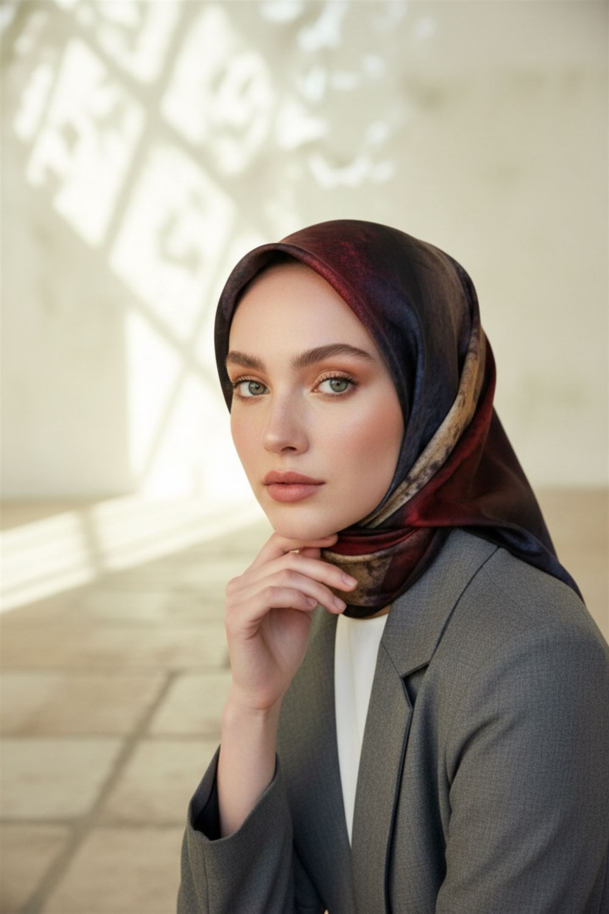 %100 Twill İpek Dokulu Ve Geometrik Desenli Bordo - Gri Renkli 90x90 Eşarp Dikim Şekli : El Dikişi
