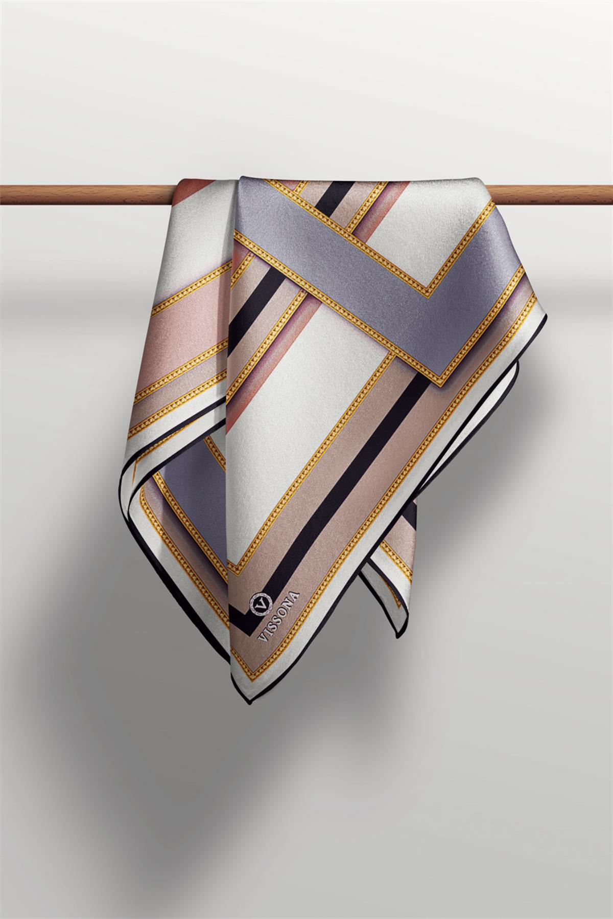 %100 Twill İpek Geometrik Desenli Pudra - Gümüş Renkli 90x90 Eşarp Dikim Şekli : El Dikişi