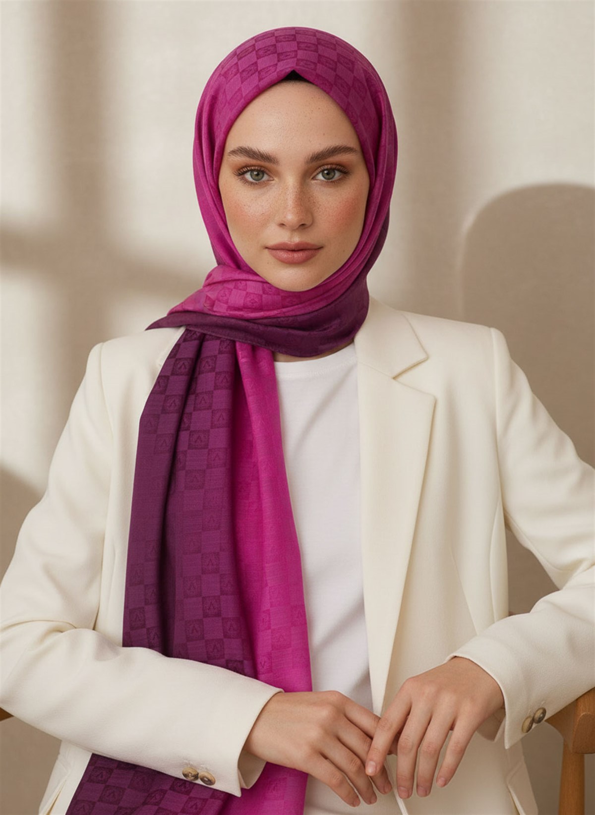 Vissona %57 İPEK %43 PAMUK Degrade Desenli Pembe Renkli Şal -  70x190 Dikiş Tipi İtalyan Dikişli