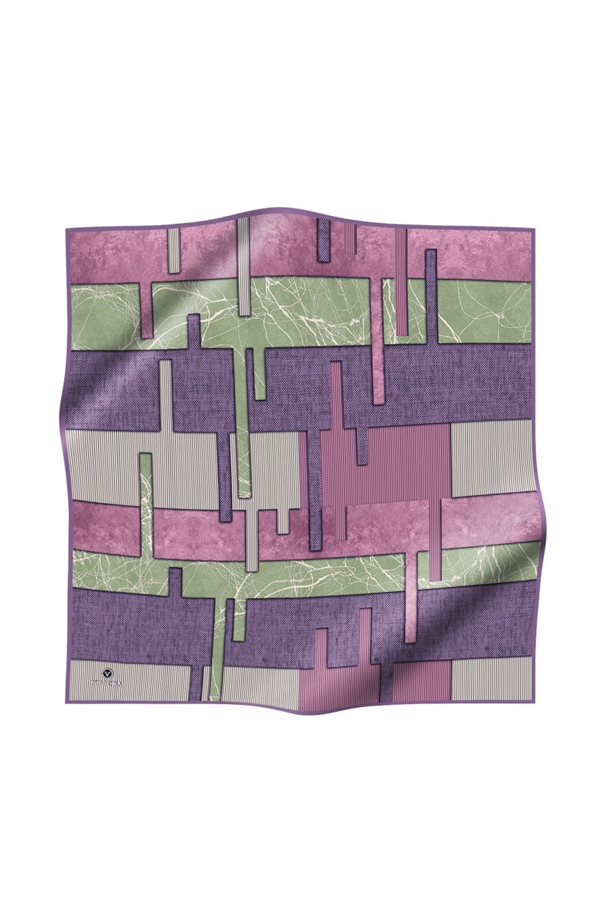 %100 Twill İpek Geometrik Desenli Lila Renkli 90x90 Eşarp Dikim Şekli : El Dikişi