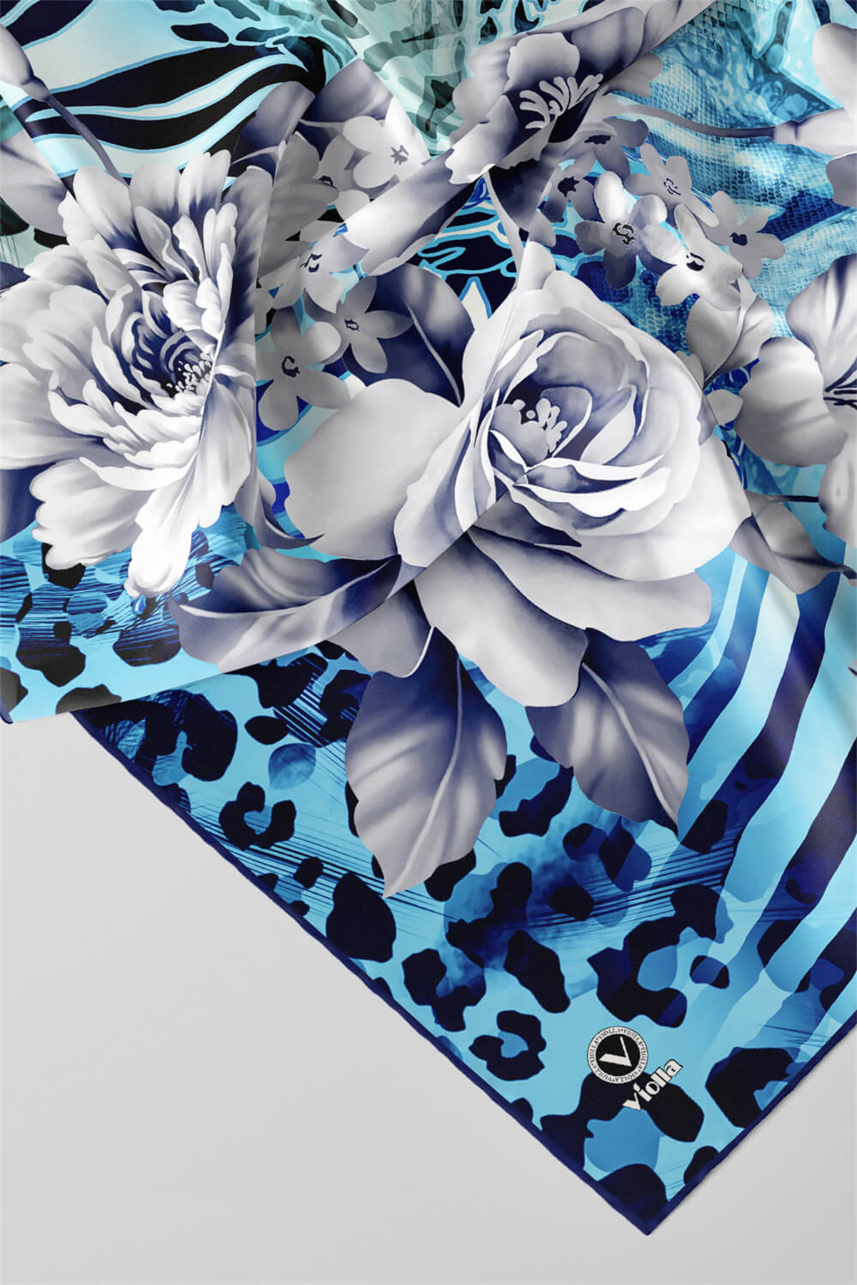 Twill Renkli Şerit Desenli Bebe Mavisi - Mint Yeşili Renkli 90x90 Eşarp (İpek İçermez) Kenar Dikiş Şekli El Dikişli