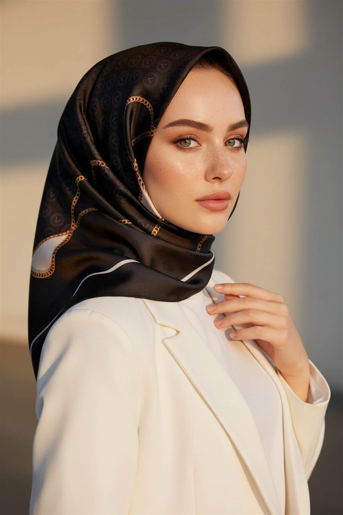 %100 Twill İpek Zincirli Ve Monogram Desenli Siyah - Krem Renkli 90x90 Eşarp Dikim Şekli : El Dikişi
