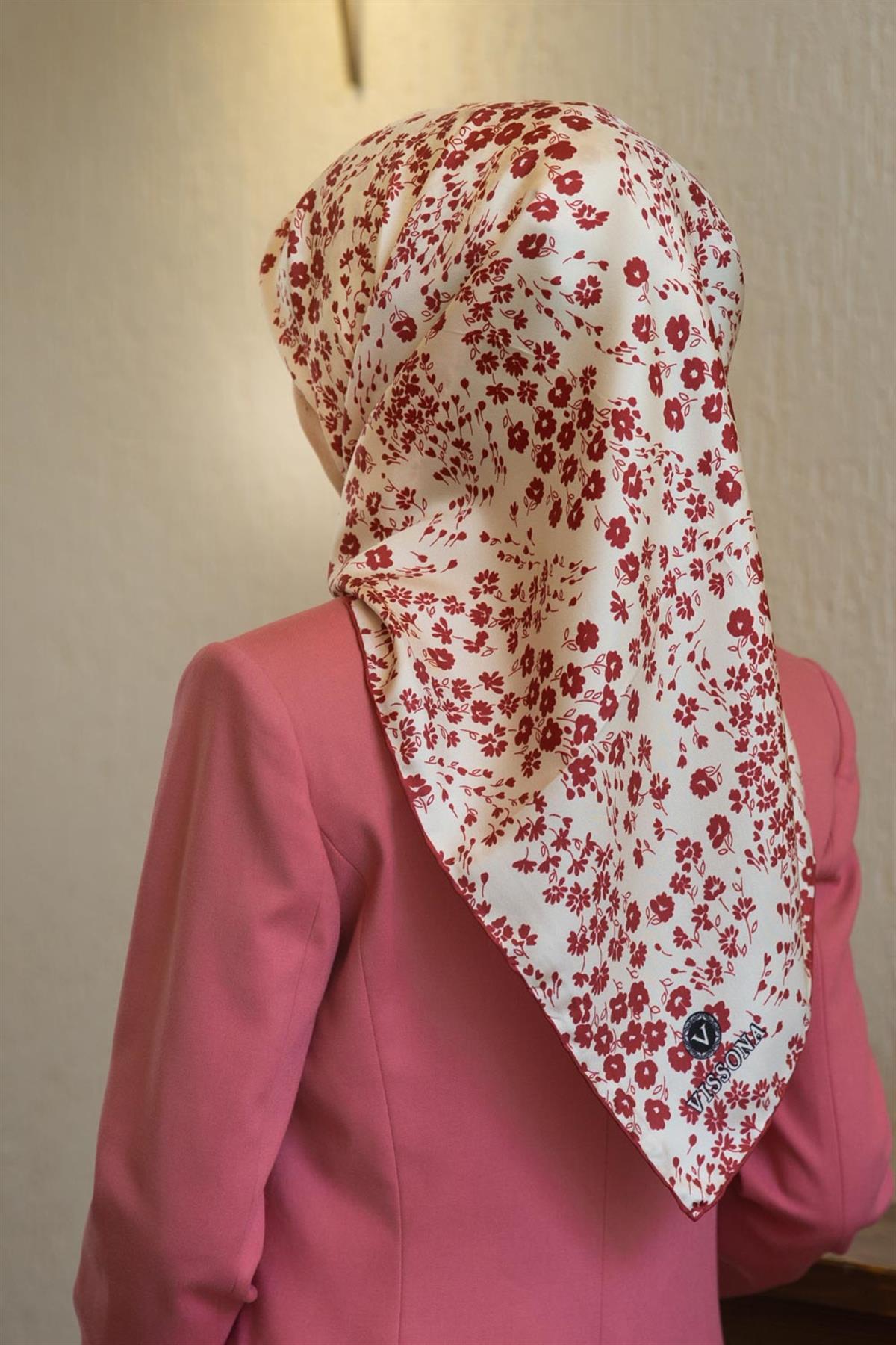 %100 Twill İpek Çıtır Çiçek Desenli Krem - Bordo Renkli 90x90 Eşarp Dikim Şekli : El Dikişi