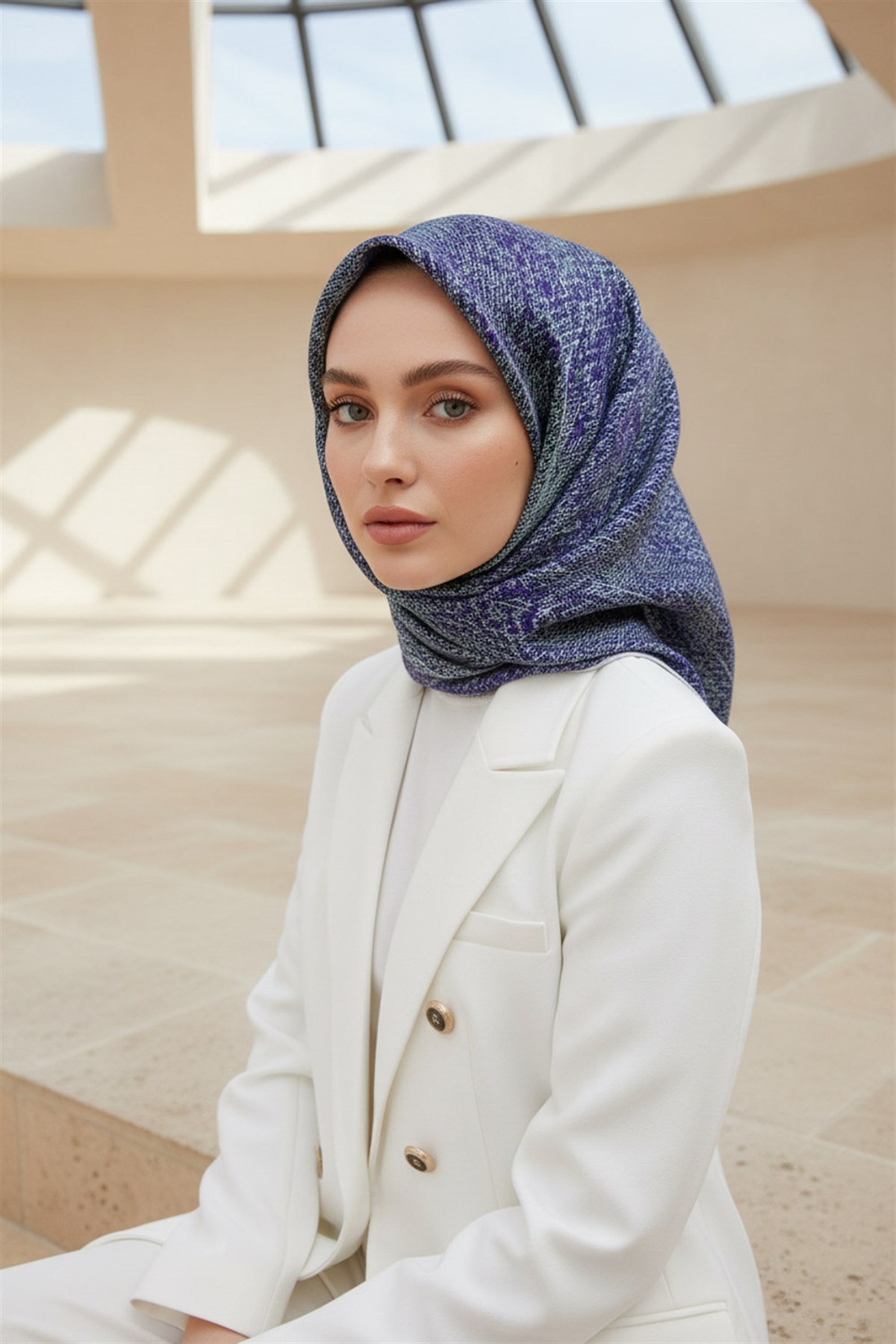 %100 Twill İpek Dokulu Desen Mor - Turkuaz Renkli 90x90 Eşarp Kenar Dikiş Şekli El Dikişli