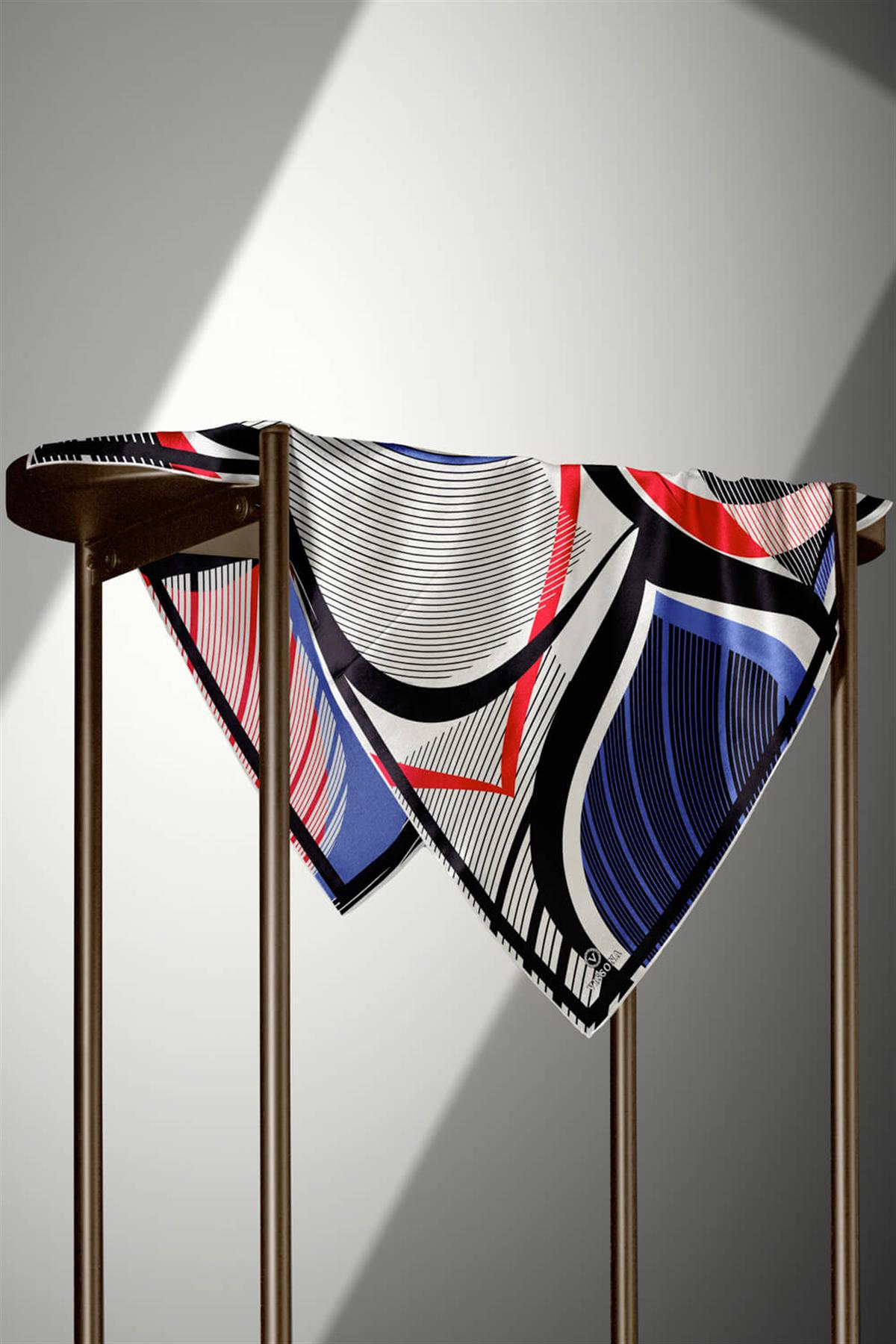 %100 Twill İpek Çizgili Geometrik Desenli Beyaz - Saks Renkli 90x90 Eşarp Dikim Şekli : El Dikişi