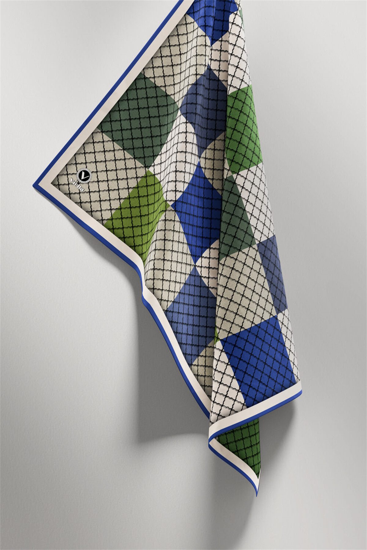 Twill Kare Desenli Saks Renkli 90x90 Eşarp (İpek İçermez) Kenar Dikiş Şekli El Dikişli