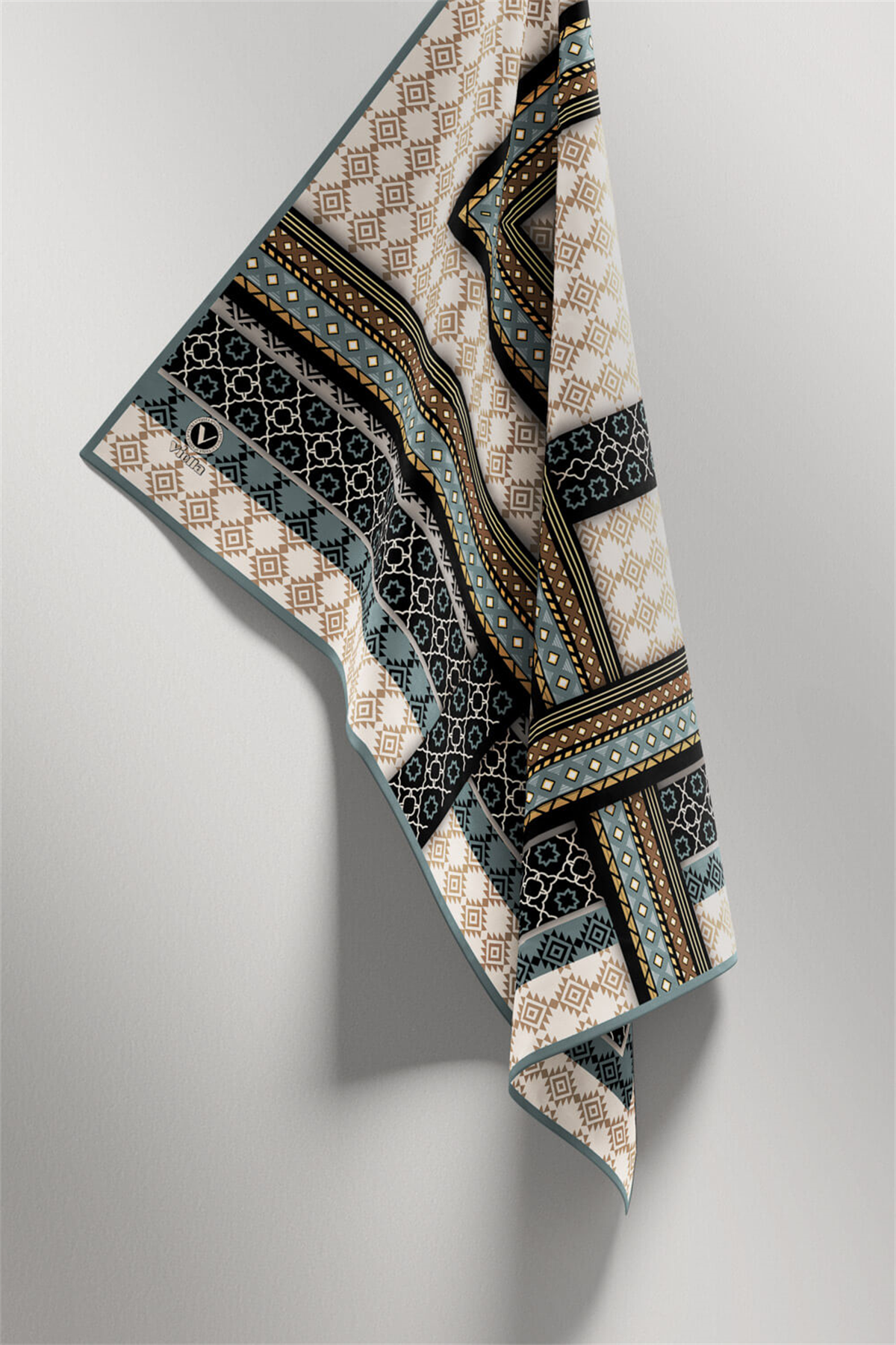 Twill Etnik Desenli Koyu Mint Yeşili Renkli 90x90 Eşarp (İpek İçermez) Kenar Dikiş Şekli El Dikişli