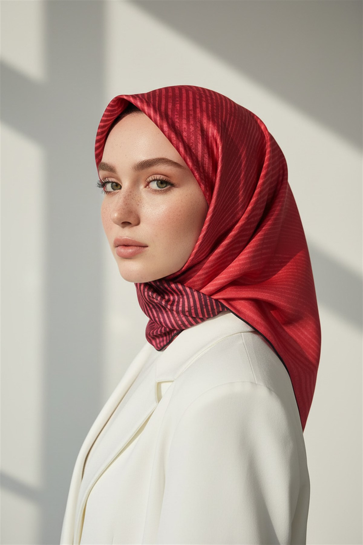 100% Twill İpek Geometrik Desenli Kırmızı Renkli 90x90 Dikim Şekli : El Dikişi Eşarp