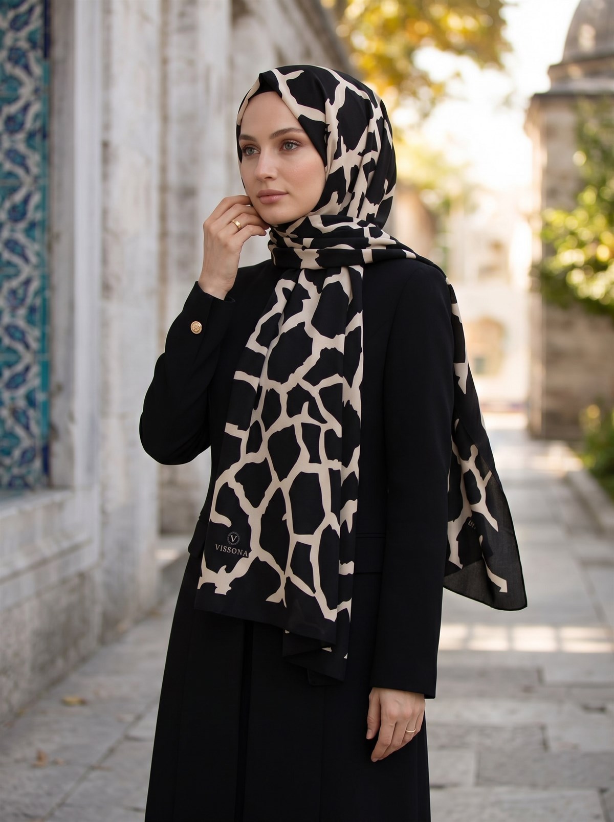 KREP TAŞ DESENLİ SİYAH - BEJ RENKLİ 75X195 KIRIŞMAZ ŞAL