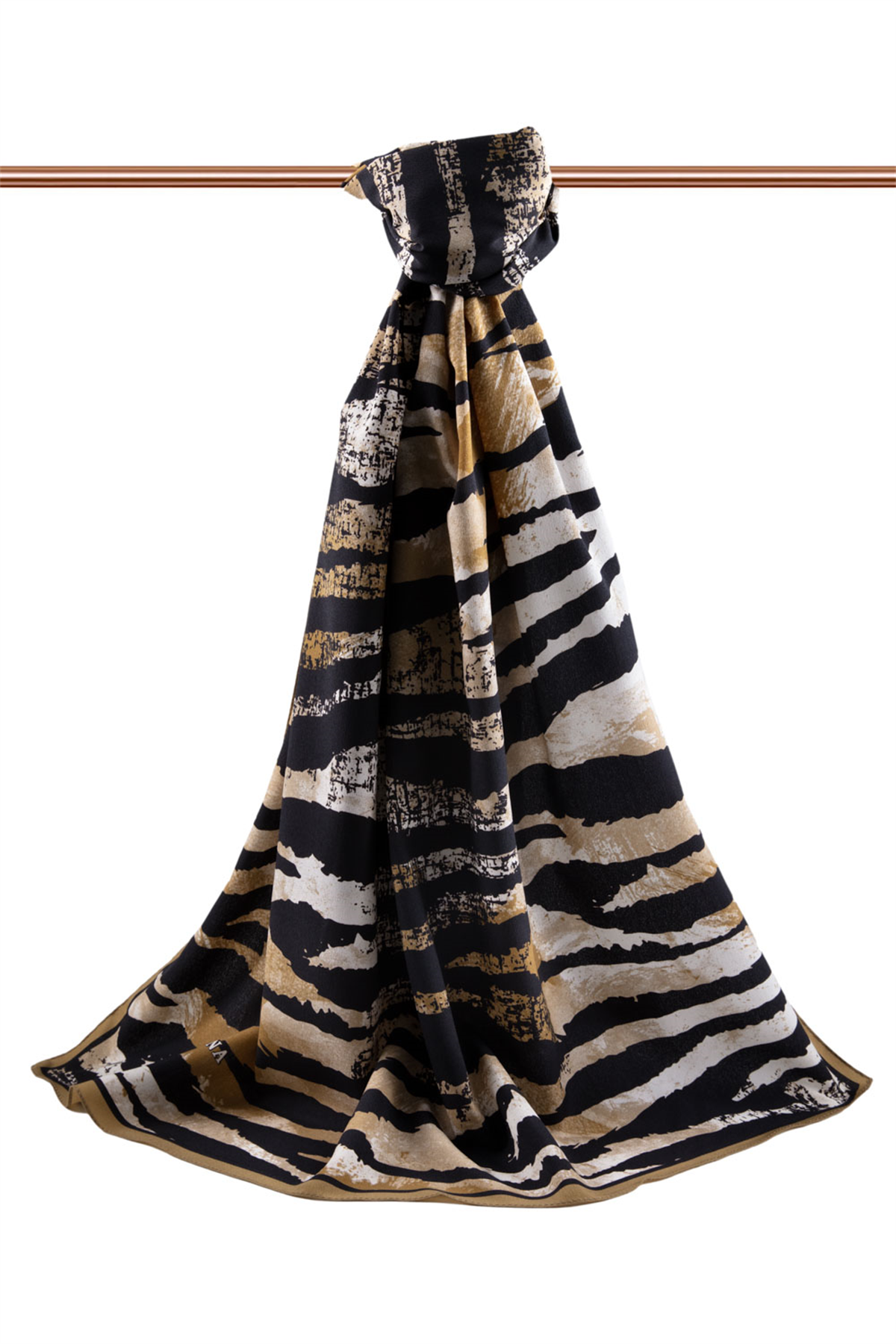 LÜKS MEDİNE İPEĞİ ZEBRA DESENLİ GOLD - SİYAH RENKLİ 75X195 KIRIŞMAZ ŞAL MOSS KREP DİKİŞ TİPİ İTALYAN DİKİŞLİ