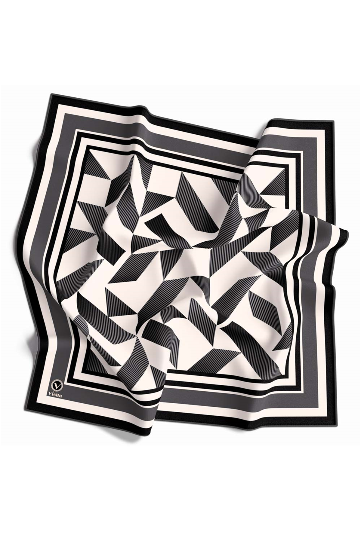 Twill Geometrik Desenli Füme Renkli 90x90 Eşarp (İpek İçermez) Kenar Dikiş Şekli El Dikişli