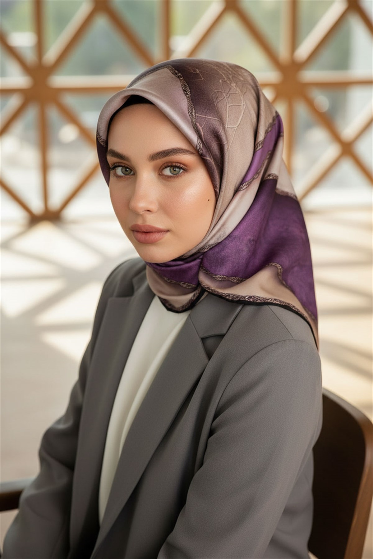 % 57 İPEK % 43 VİSKON Twill İpek Dokulu Geometrik Desenli Lila - Bej Renkli 90x90 Eşarp Dikim Şekli : El Dikişi