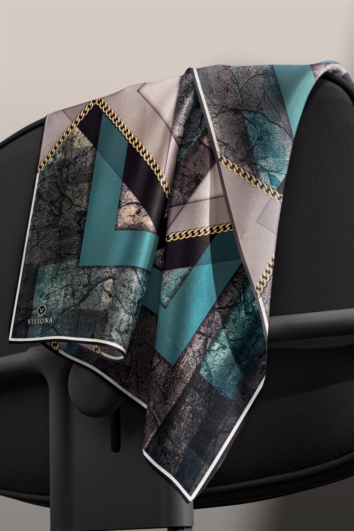 %100 Twill İpek Taş Efekti Desenli Petrol Mavisi - Siyah Renkli 90x90 Eşarp Dikim Şekli : El Dikişi