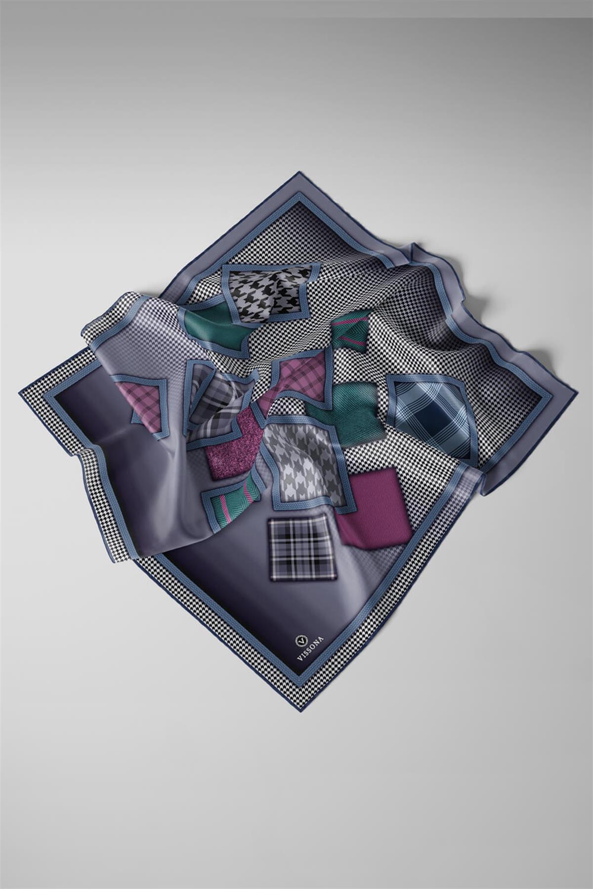 %100 Twill İpek Kazakayaklı Ve Ekose Desenli Gri - Gümüş Renkli 90x90 Eşarp Dikim Şekli : El Dikişi