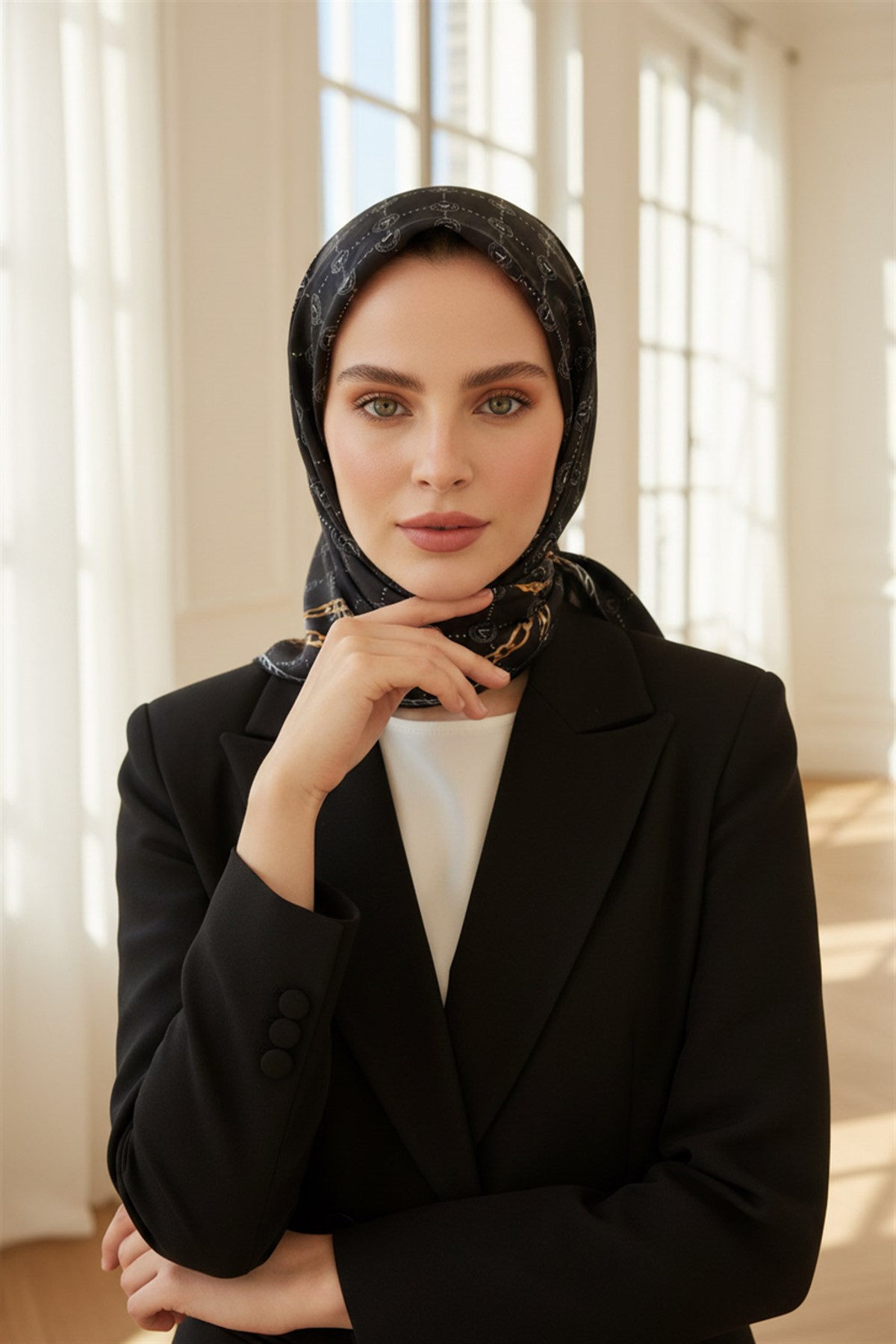 %100 Twill İpek Zincirli Ve Monogram Desenli Siyah - Krem Renkli 90x90 Eşarp Dikim Şekli : El Dikişi