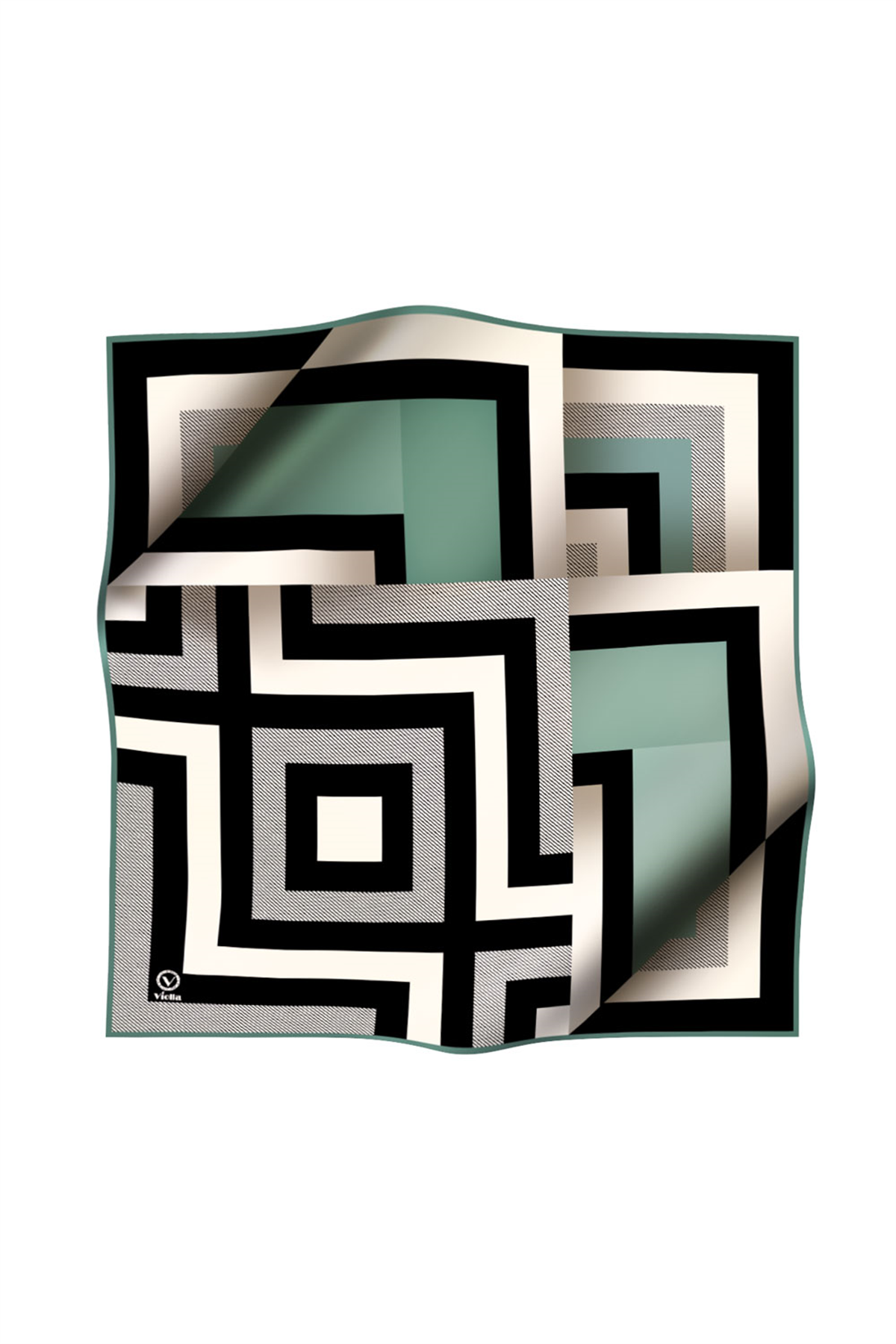 Twill Geometrik Desenli Mint Yeşiliı Renkli 90x90 Eşarp (İpek İçermez) Dikim Şekli : El Dikişi