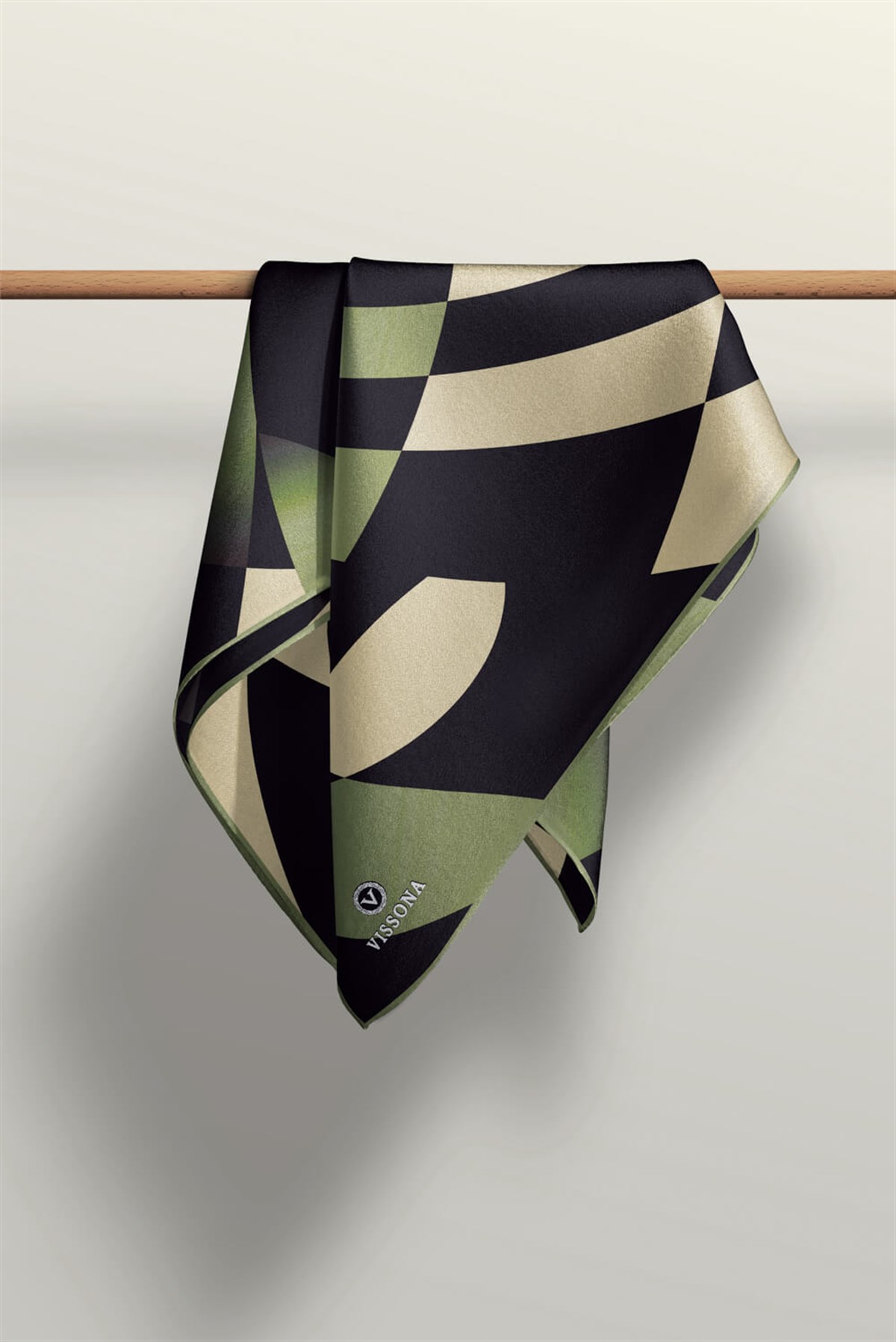 %100 Twill İpek Geometrik Desenli Haki Renkli 90x90 Eşarp Dikim Şekli : El Dikişi