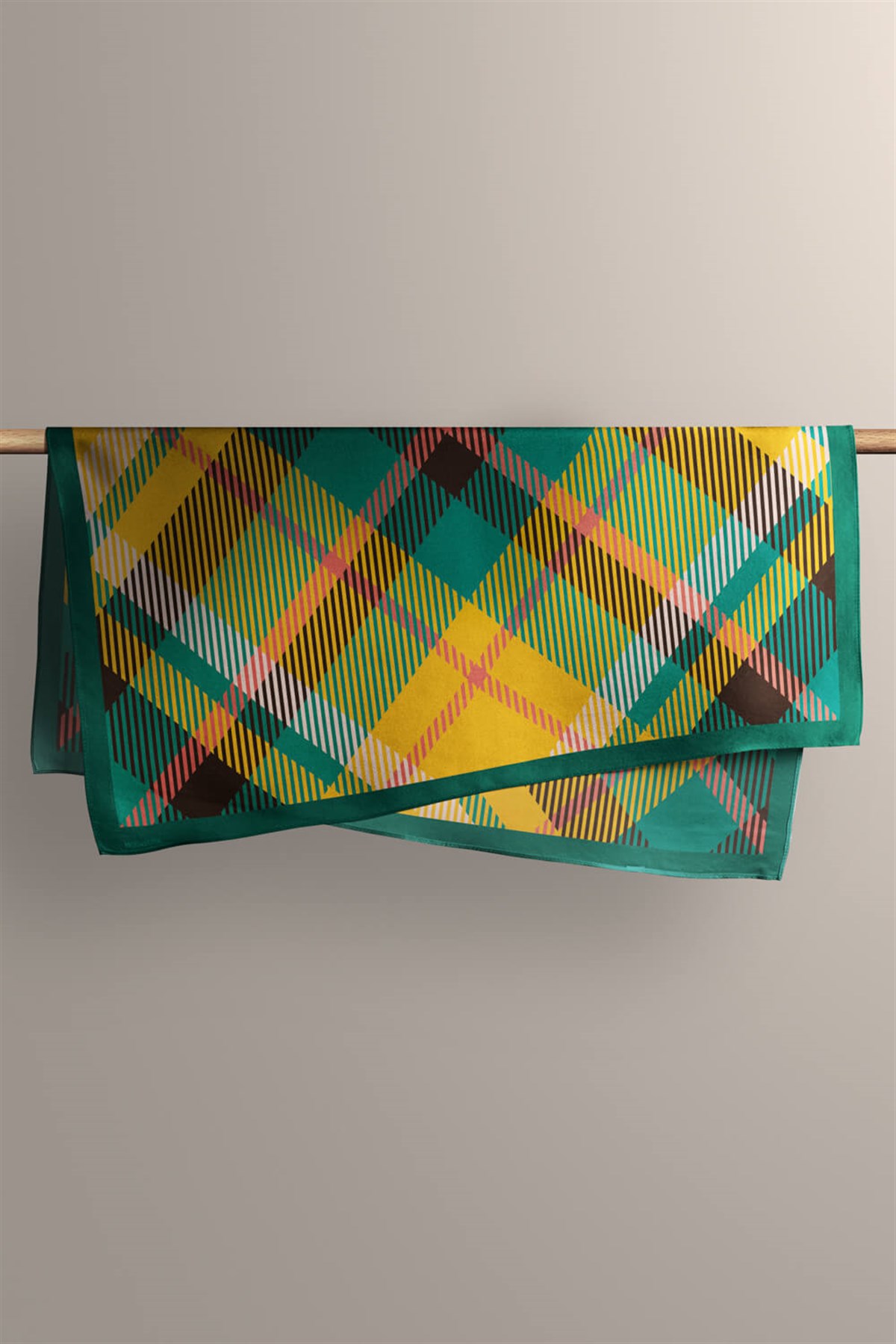 Violla D80 Kadın Ekose Desenli Bandana 50x50 Yeşil Sarı DG0200-22