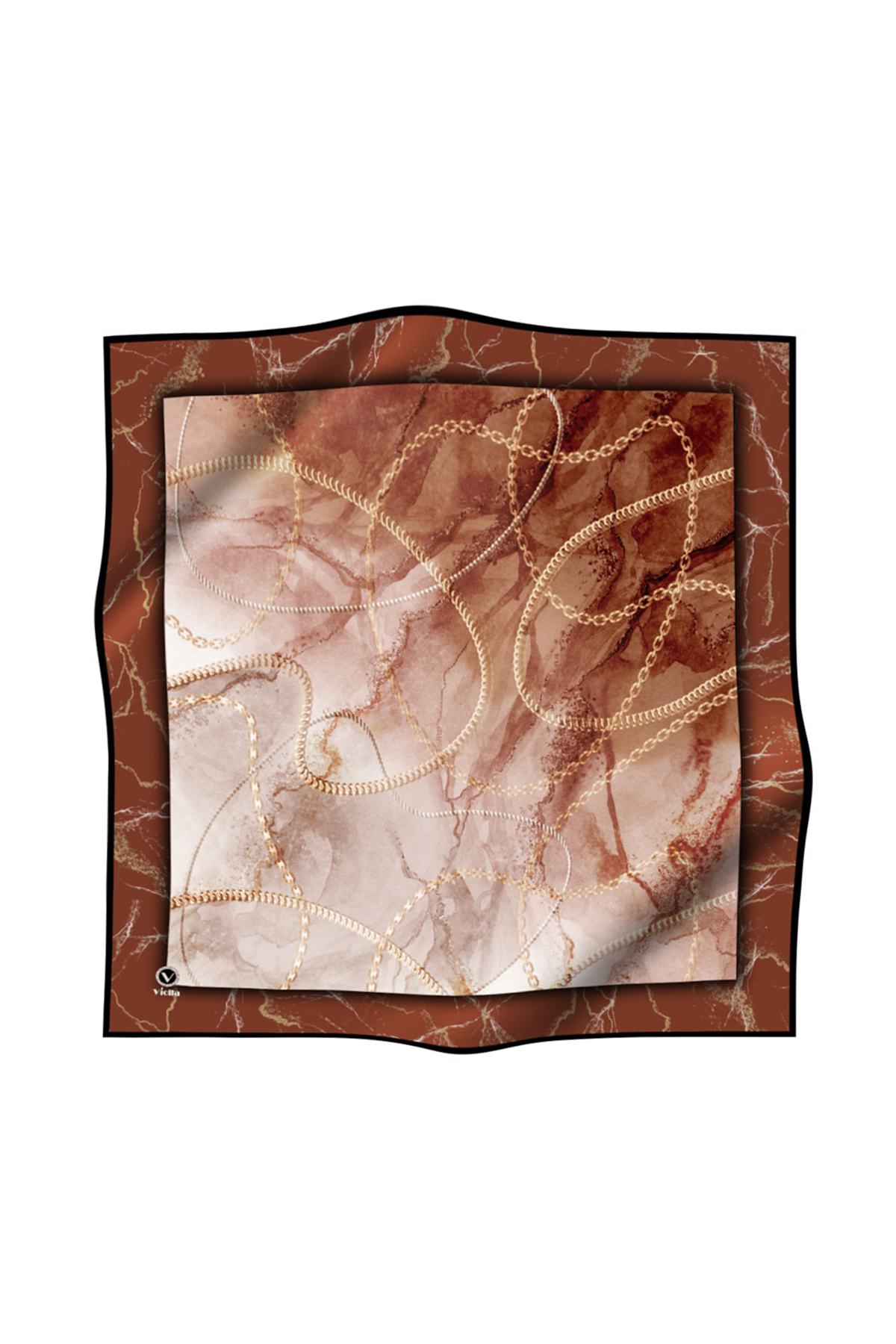 Twill Mermer ve Zincir Desenli Taba Renkli 90x90 Eşarp (İpek İçermez) Kenar Dikiş Şekli El Dikişli