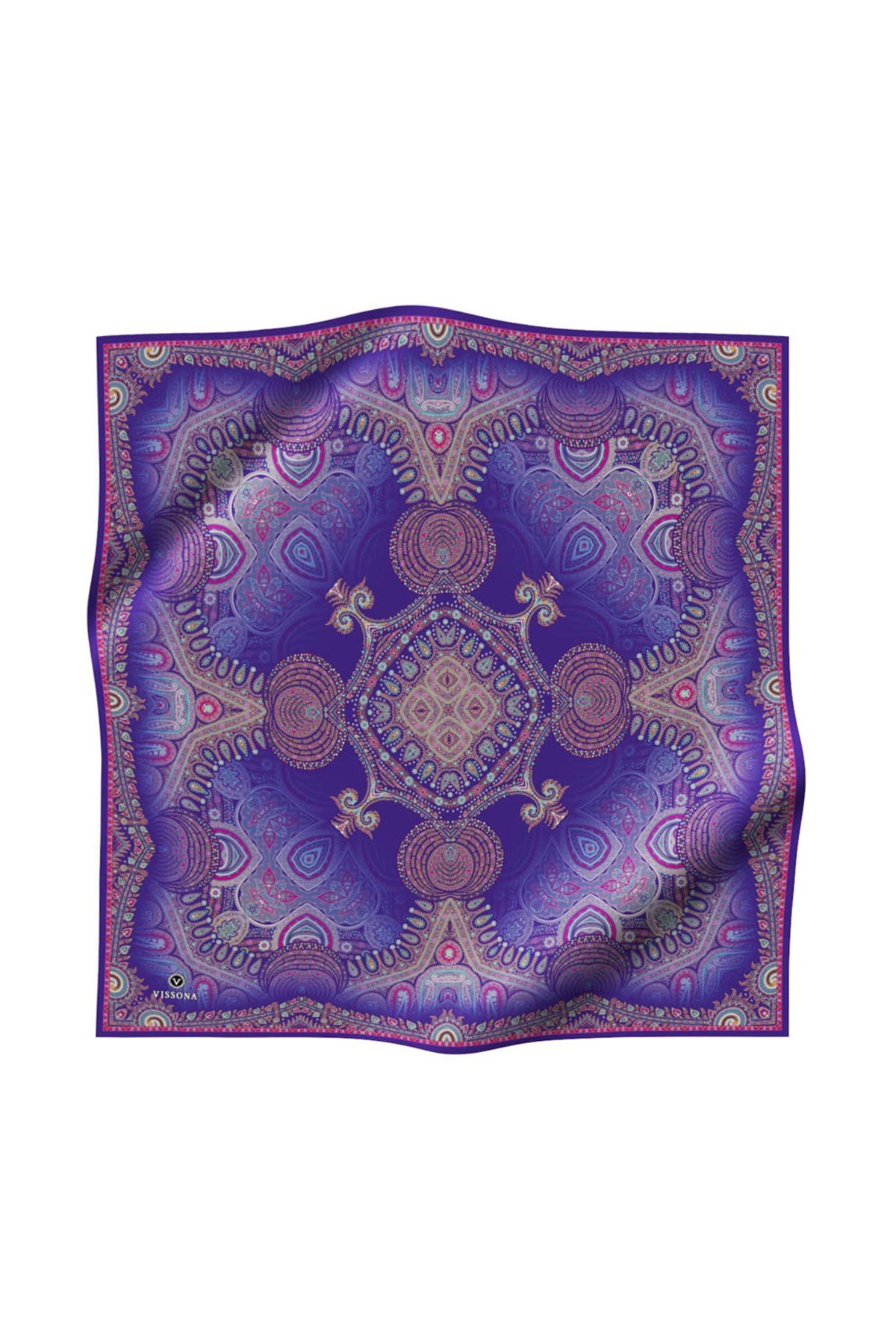 %100 Twill İpek Şal Desenli Mor Renkli 90x90 Eşarp Dikim Şekli : El Dikişi