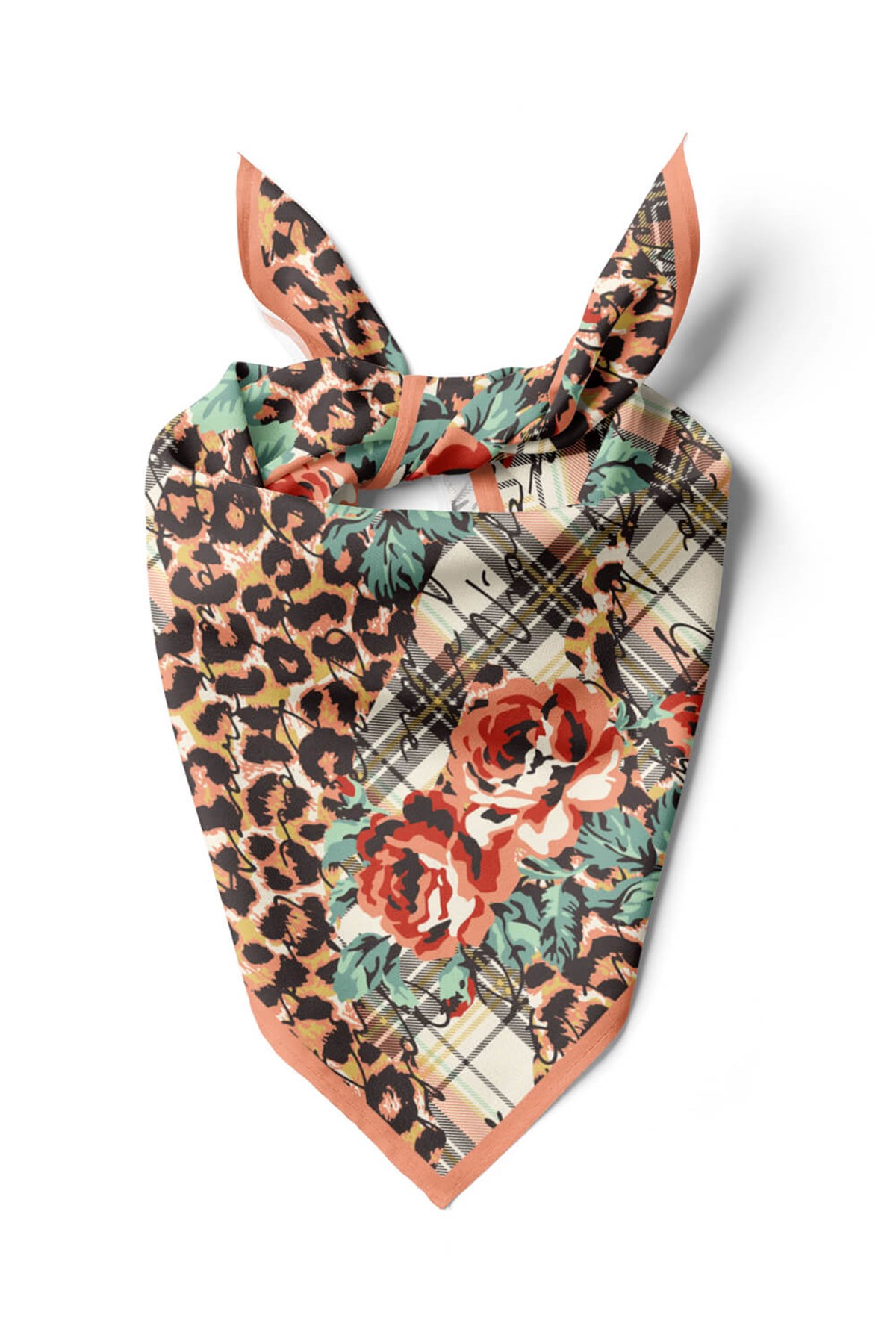 V25 Violla Leopar ve Gül Desenli Bandana