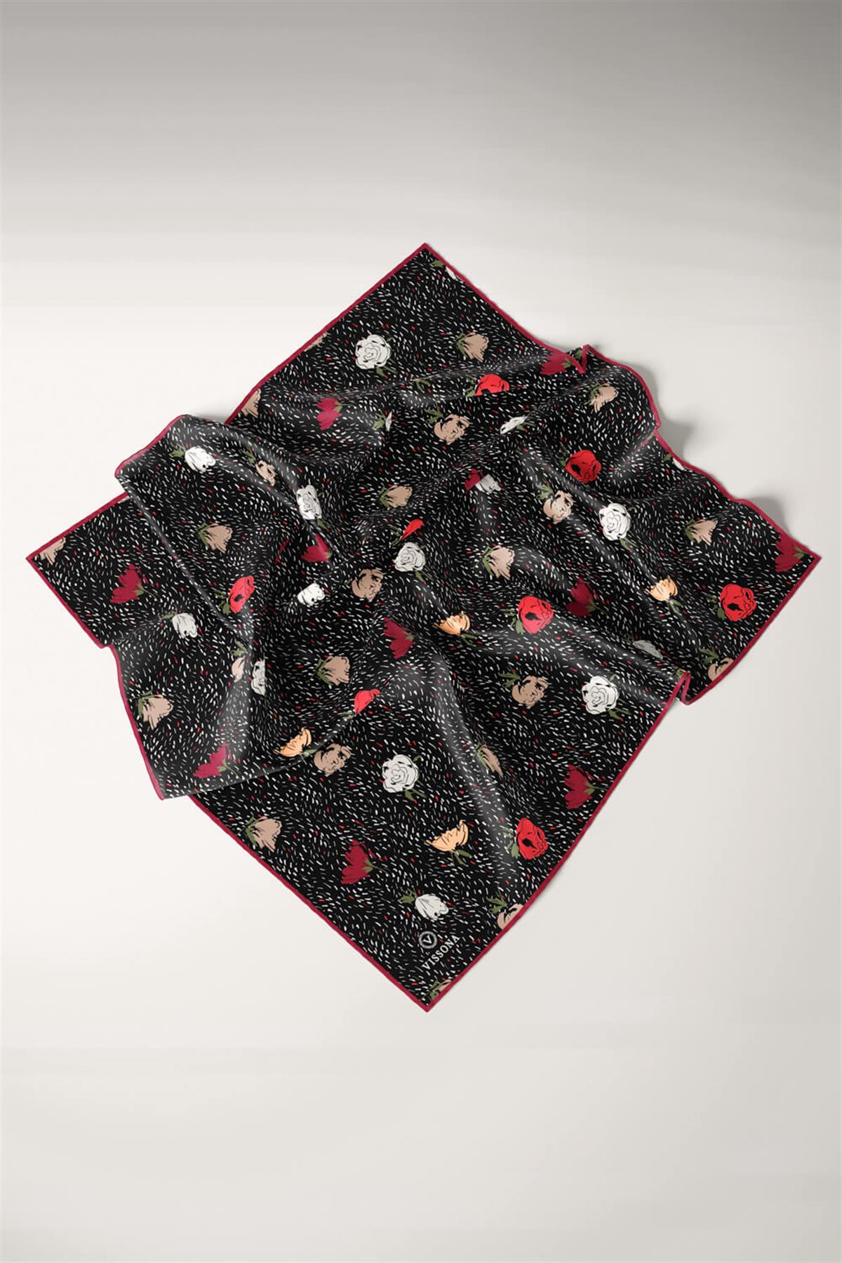 %100 Twill İpek Çıtır Çiçek Desenli Kırmızı - Bordo Renkli 90x90 Eşarp Dikim Şekli : El Dikişi