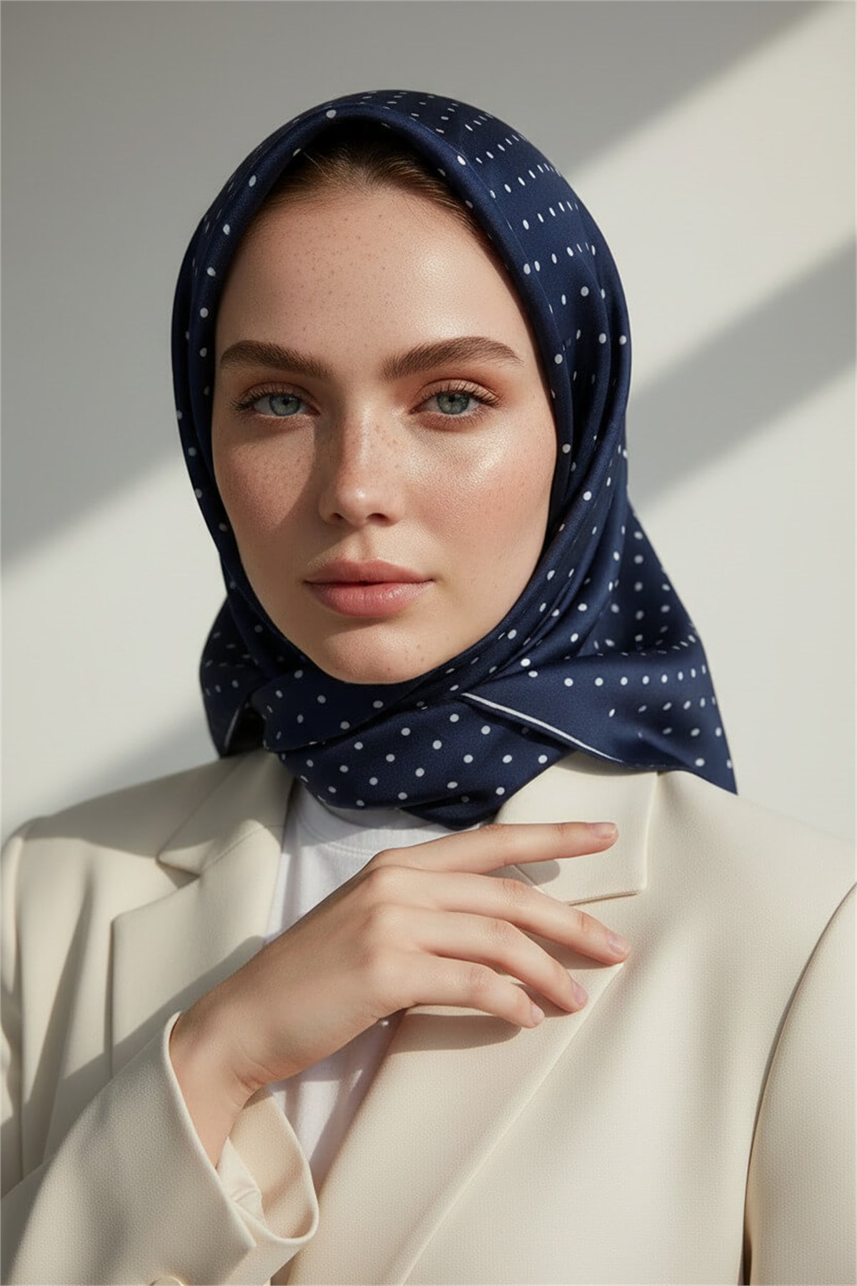 %100 Twill İpek Eşarp 90x90 Puantiye Desenli El Dikişli Kadın Eşarp