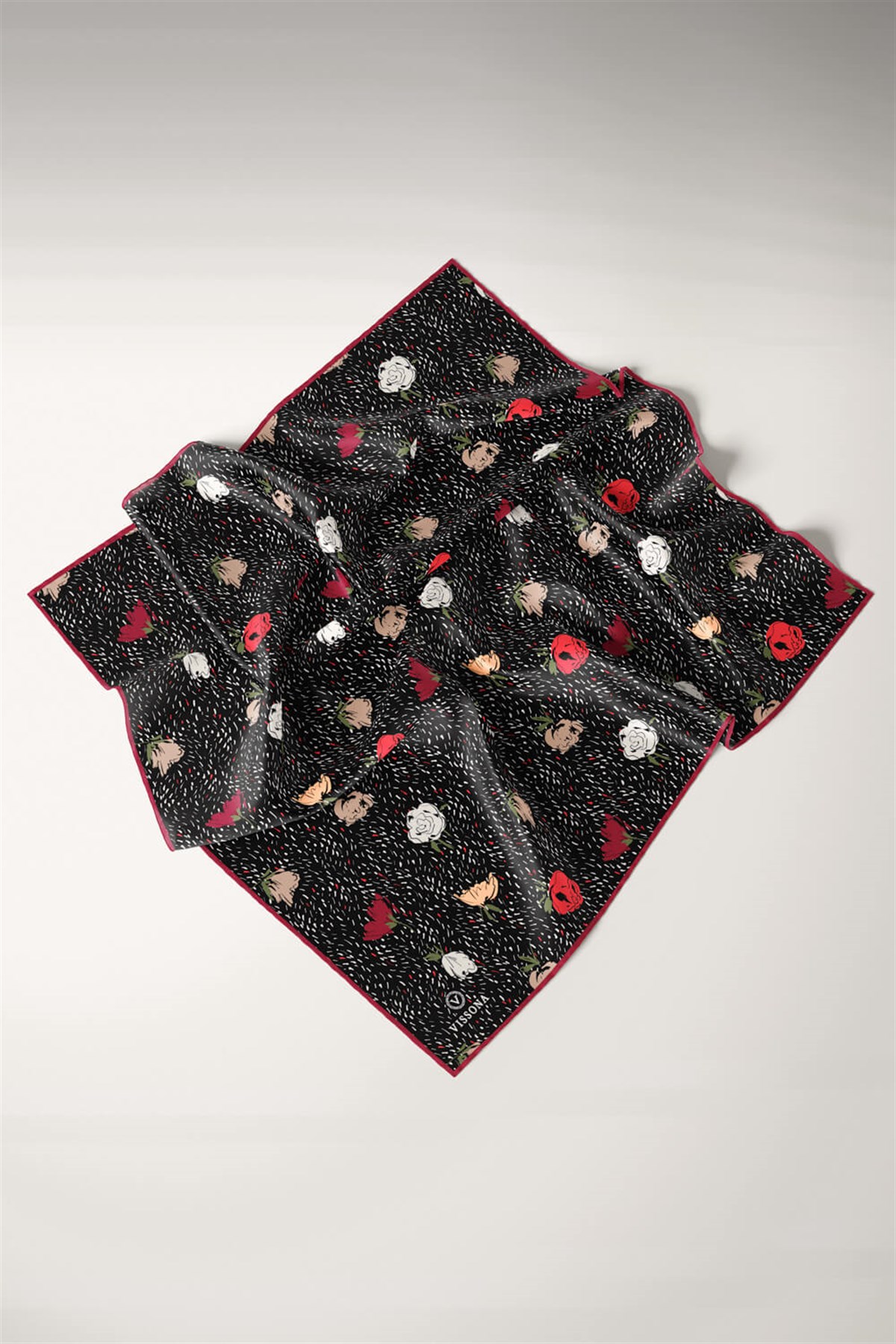 %100 Twill İpek Çıtır Çiçek Desenli Kırmızı - Bordo Renkli 90x90 Eşarp Dikim Şekli : El Dikişi