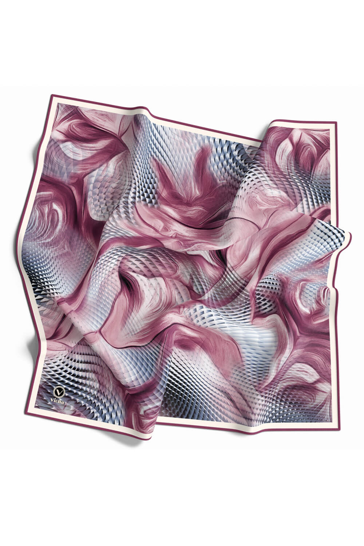 Twill Geometrik Ve Dalga Desenli Pembe Renkli 90x90 Eşarp (İpek İçermez) Dikim Şekli : El Dikişi
