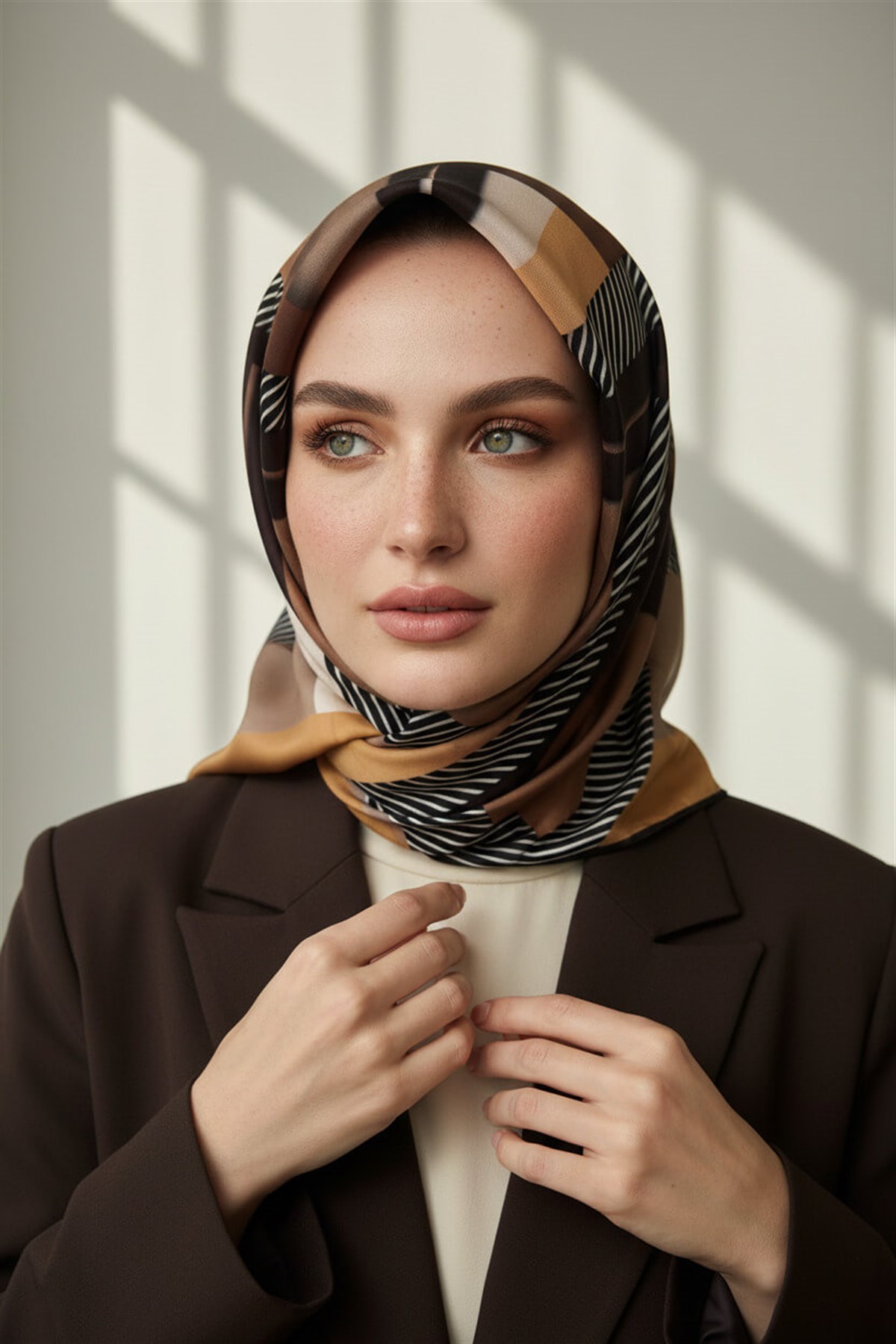 %100 Twill İpek Zebra Desenli Bej - Gold Renkli 90x90 Eşarp Dikim Şekli : El Dikişi