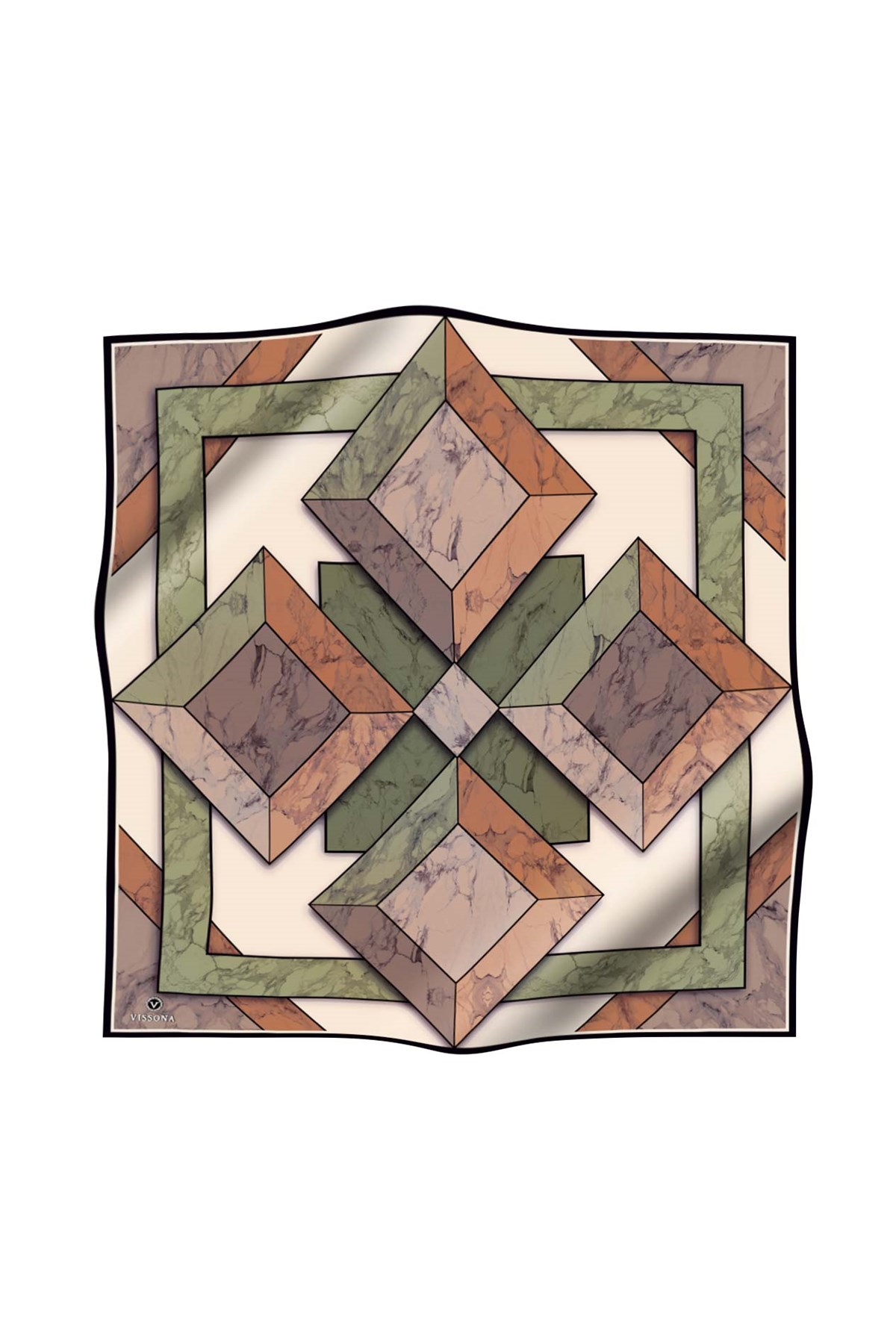 %100 Twill İpek Mermer Desenli Bakır - Haki Renkli 90x90 Eşarp Dikim Şekli : El Dikişi