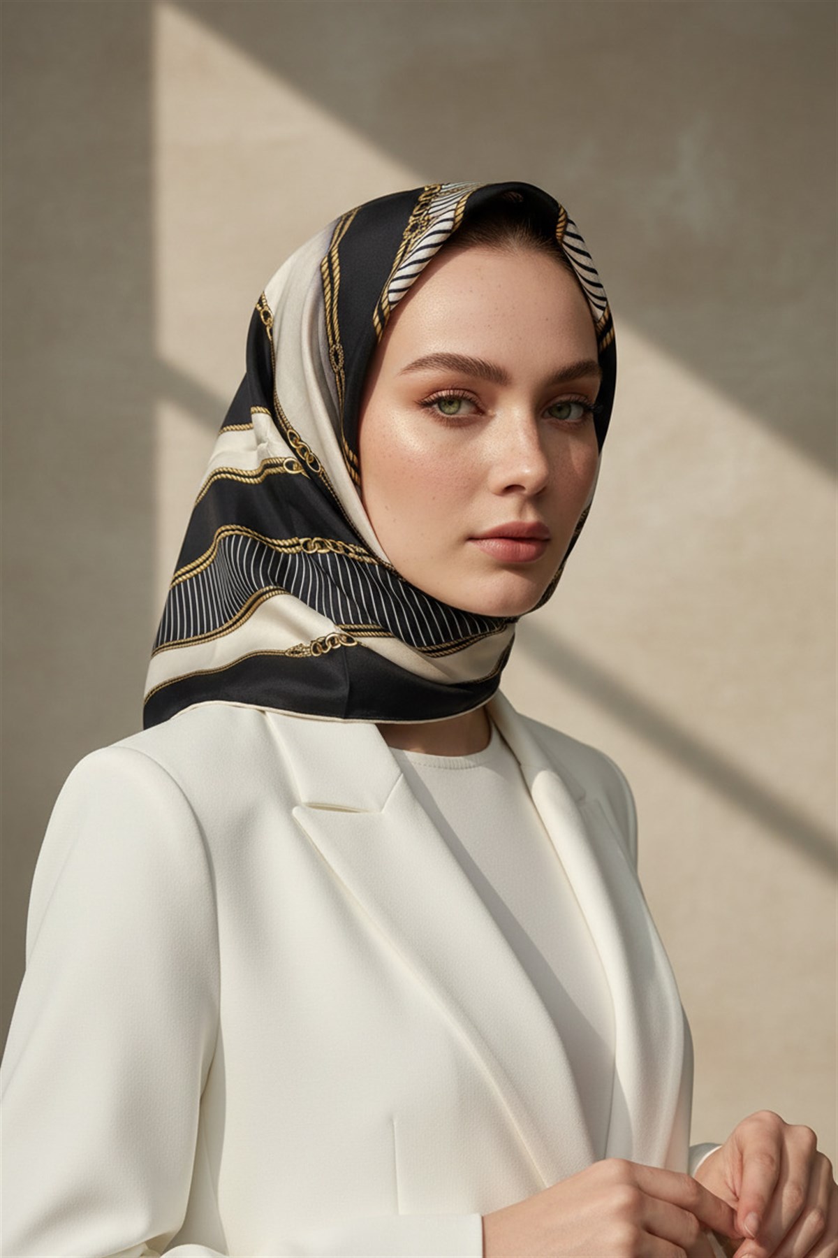 %100 Twill İpek Zincir Detaylı Geometrik Desenli Siyah - Krem Renkli 90x90 Eşarp Dikim Şekli : El Dikişi