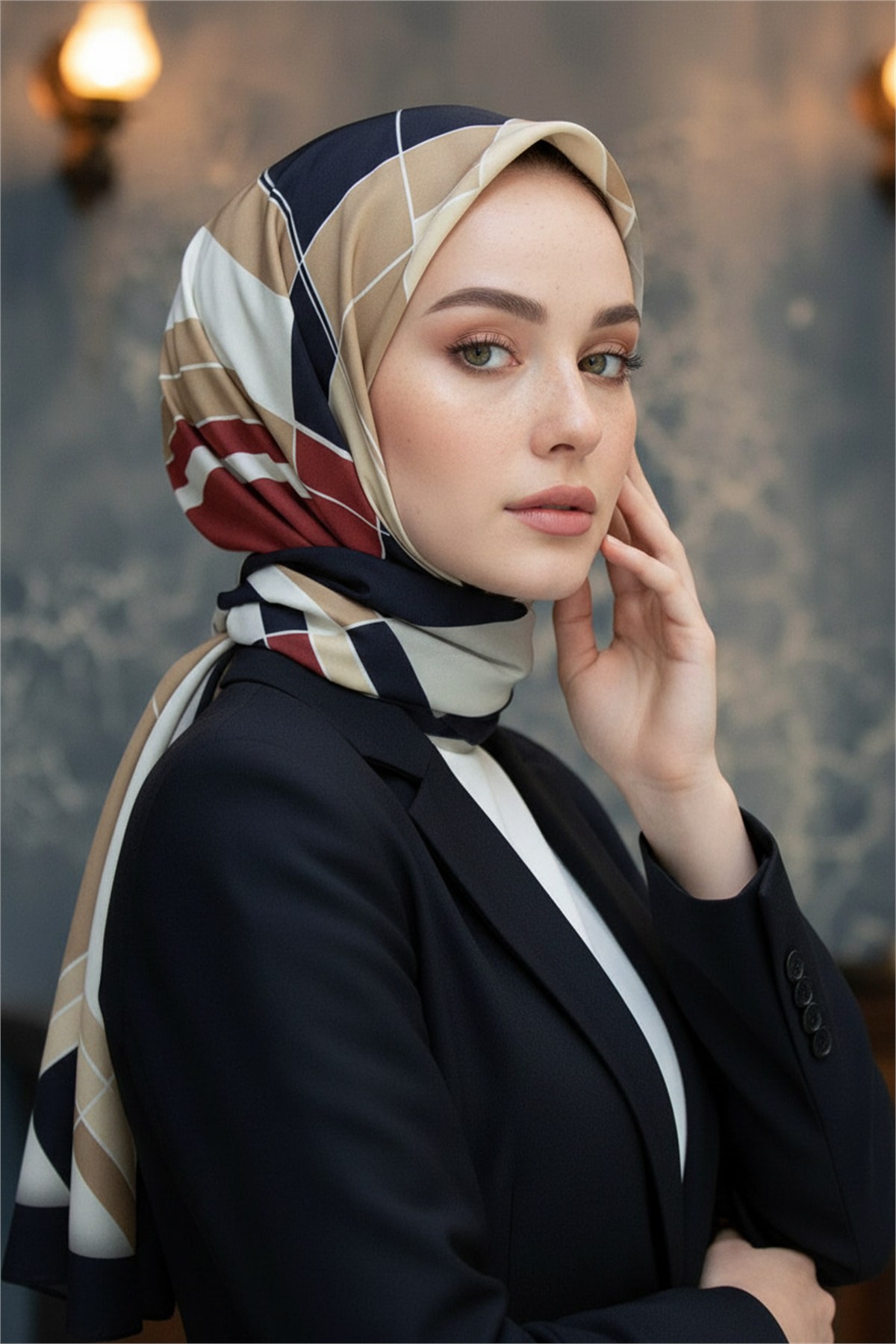 KREP GEOMETRİK DESENLİ BORDO RENKLİ 75X195 KIRIŞMAZ ŞAL