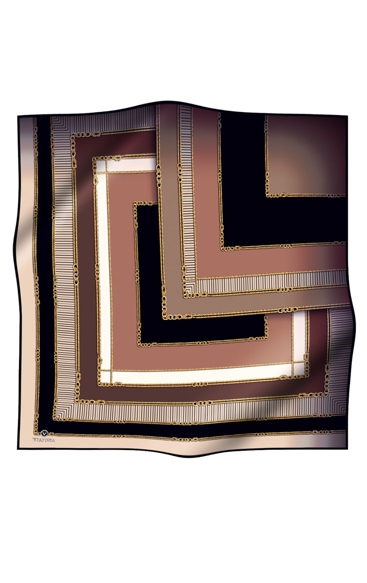 %100 Twill İpek Zincir Detaylı Geometrik Desenli Bej - Vizon Renkli 90x90 Eşarp Dikim Şekli : El Dikişi