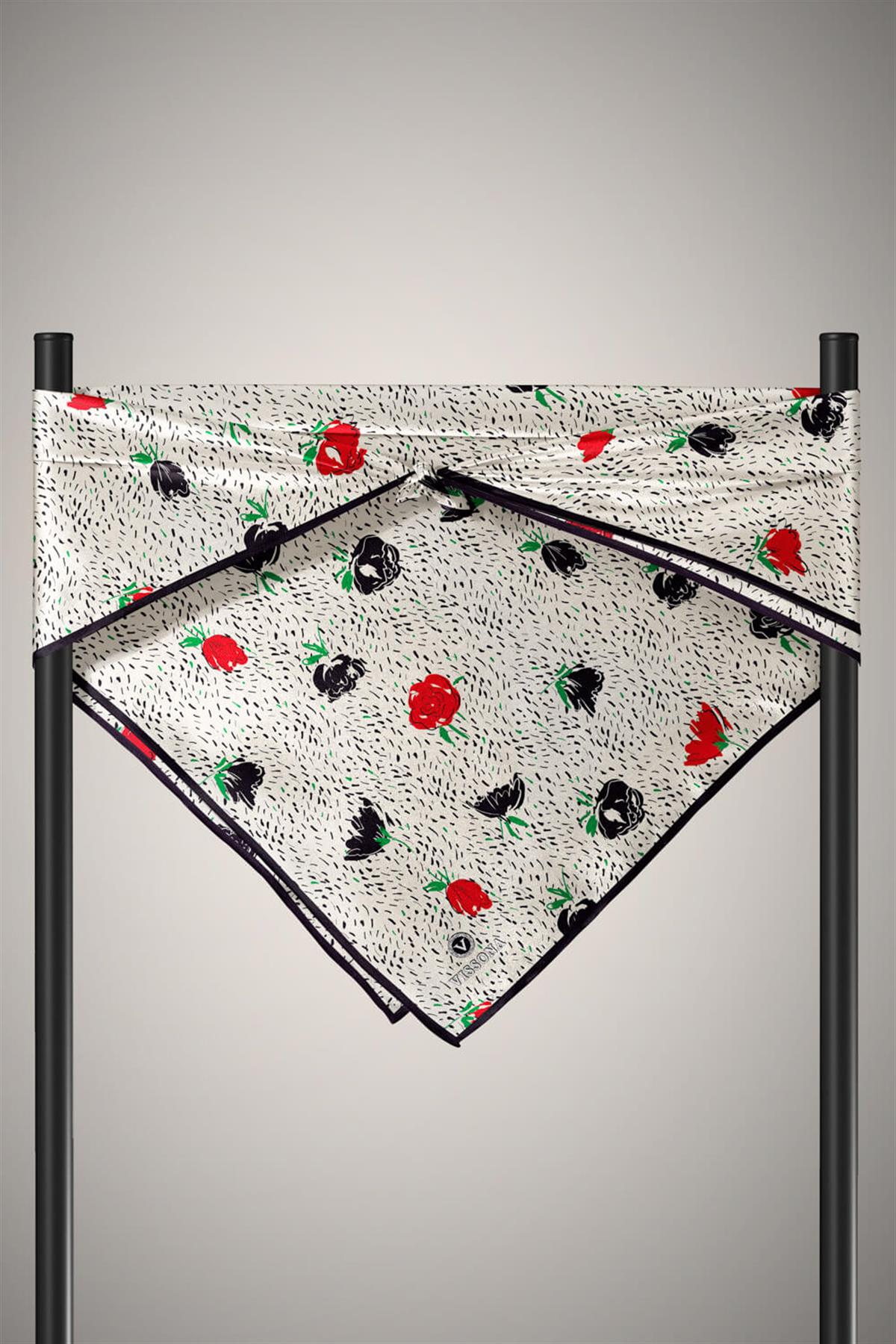 %100 Twill İpek Çıtır Çiçek Desenli Kırmızı - Krem Renkli 90x90 Eşarp Dikim Şekli : El Dikişi