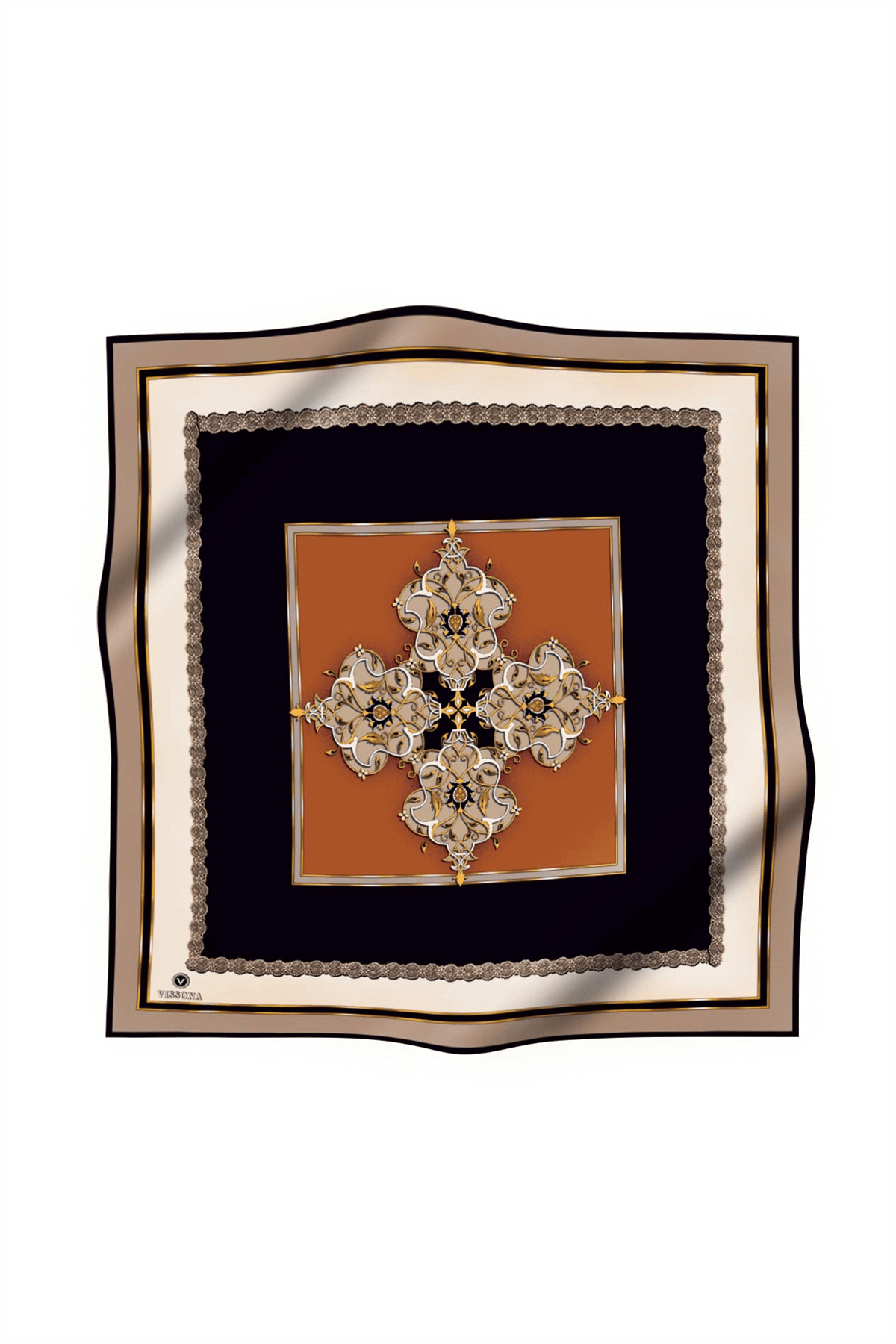 %100 Twill Barok Desenli Taba - Bej Renkli 90x90 Eşarp Dikim Şekli: El Dikişi