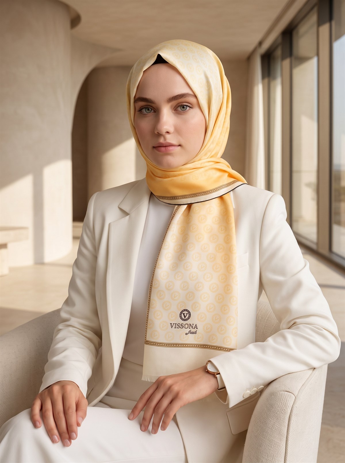 %100 Saf İpek Şal İnce Saten Vual Dokuma Degradeli Ve Monogram Desenli Sarı - Gold Renkli 90x210 Şal