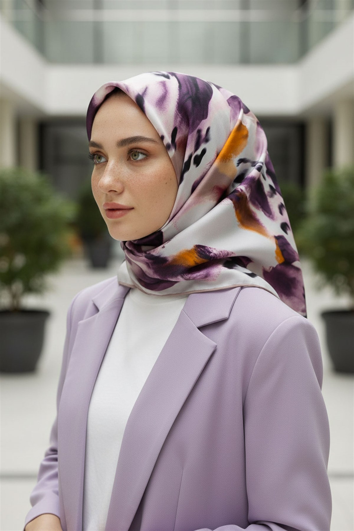 %100 Twill İpek Batik Desenli Mürdüm - Turuncu Renkli 90x90 Eşarp Dikim Şekli : El Dikişi