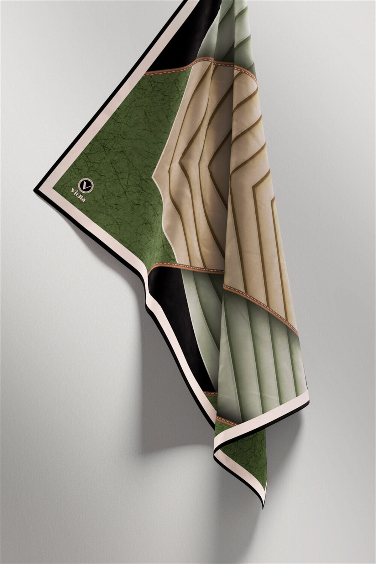 Twill Zigzag Desenli Zümrüt Yeşili Renkli 90x90 Eşarp (İpek İçermez) Kenar Dikiş Şekli El Dikişli