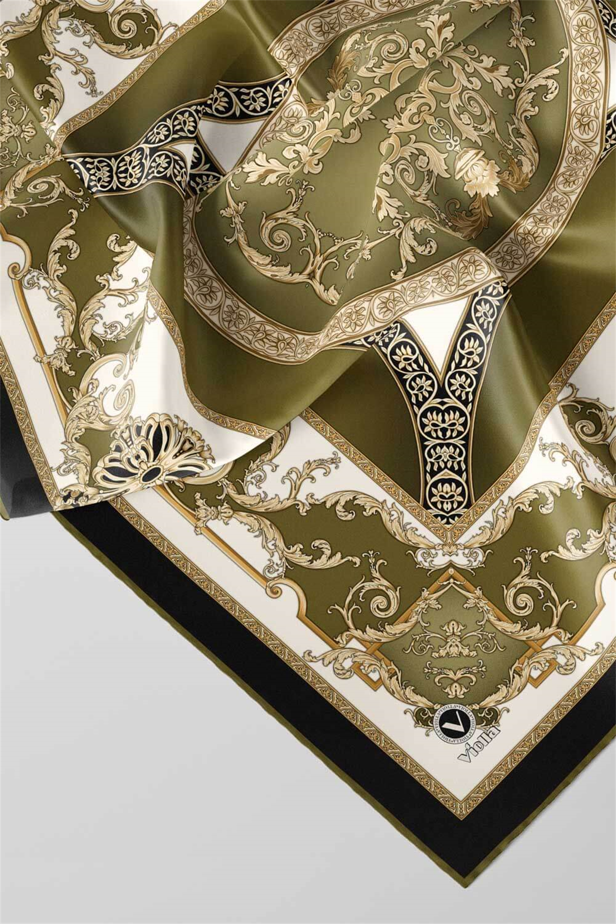 Twill Barok Desenli Haki Yeşili Renkli 90x90 Eşarp (İpek İçermez) Kenar Dikiş Şekli El Dikişli