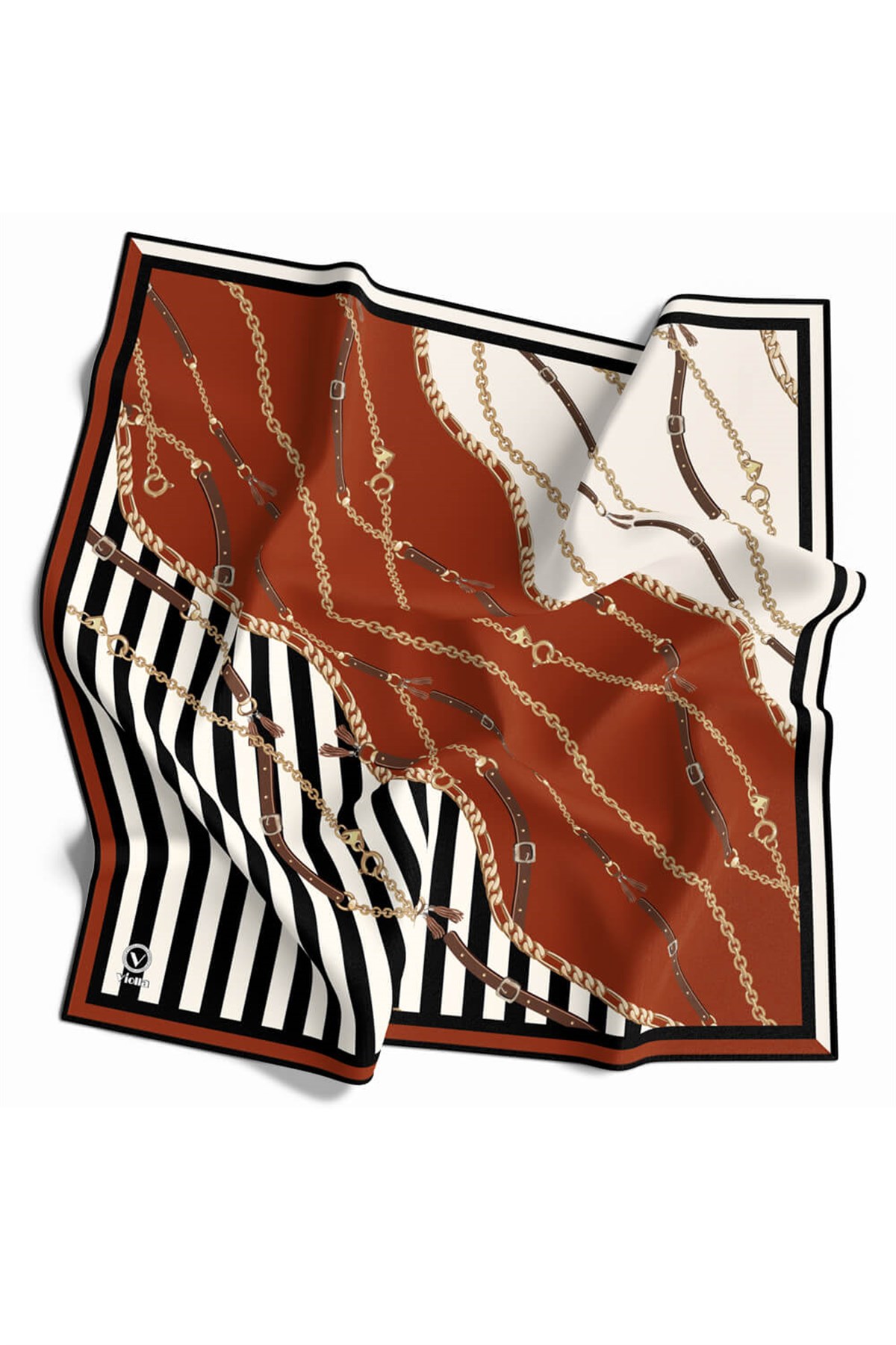 Twill Çizgili Zincir ve Kemer Desenli Taba Renkli 90x90 Eşarp (İpek İçermez) Kenar Dikiş Şekli El Dikişli