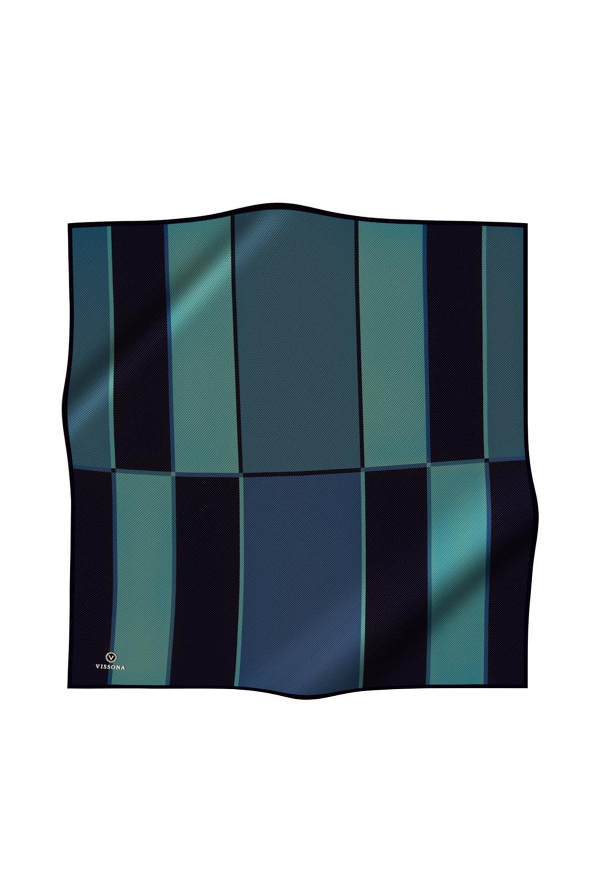 %100 Twill İpek Geometrik Desenli Lacivert Renkli 90x90 Eşarp Dikim Şekli : El Dikişi