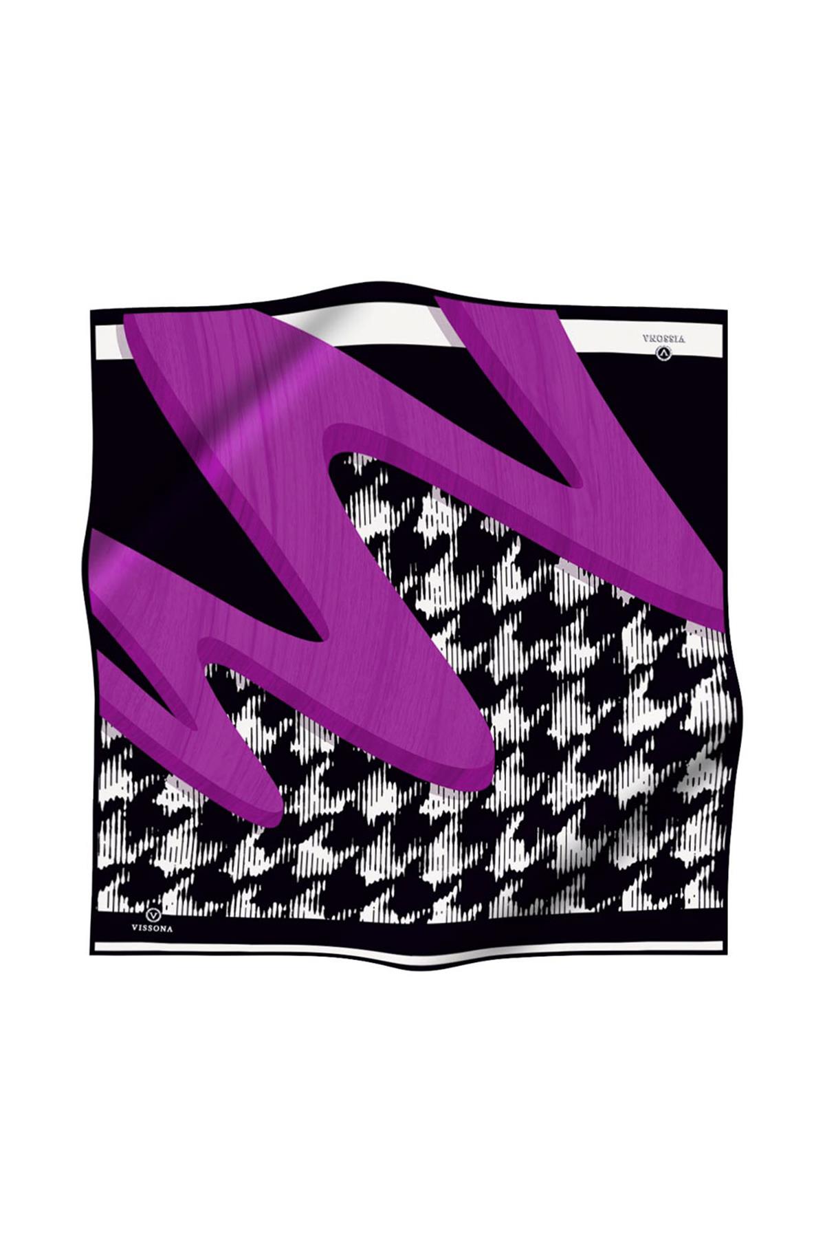 %100 Twill İpek Kazayağı Desenli Fuşya - Siyah Renkli 90x90 Eşarp Kenar Dikiş Şekli El Dikişli