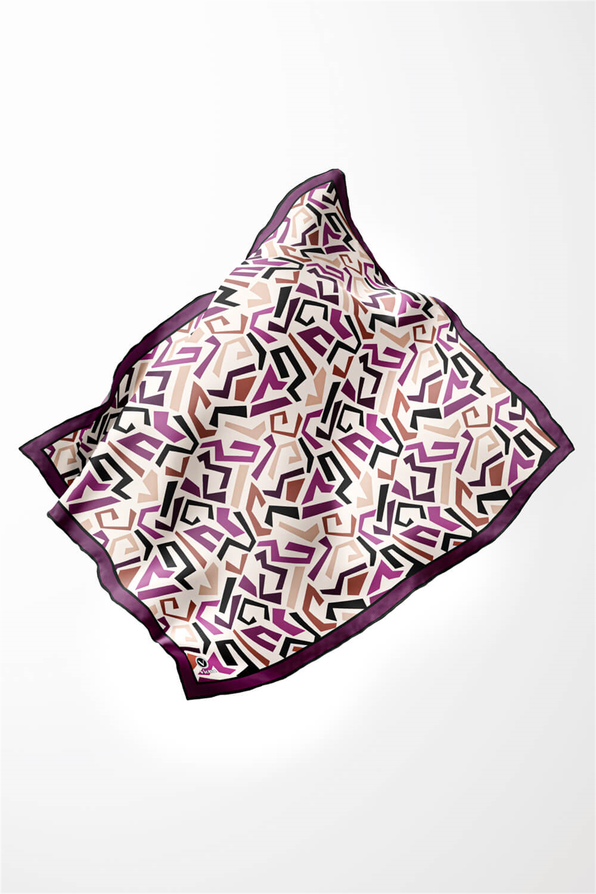 Twill Geometrik Desenli Mürdüm Renkli 90x90 Eşarp (İpek İçermez) Kenar Dikiş Şekli El Dikişli