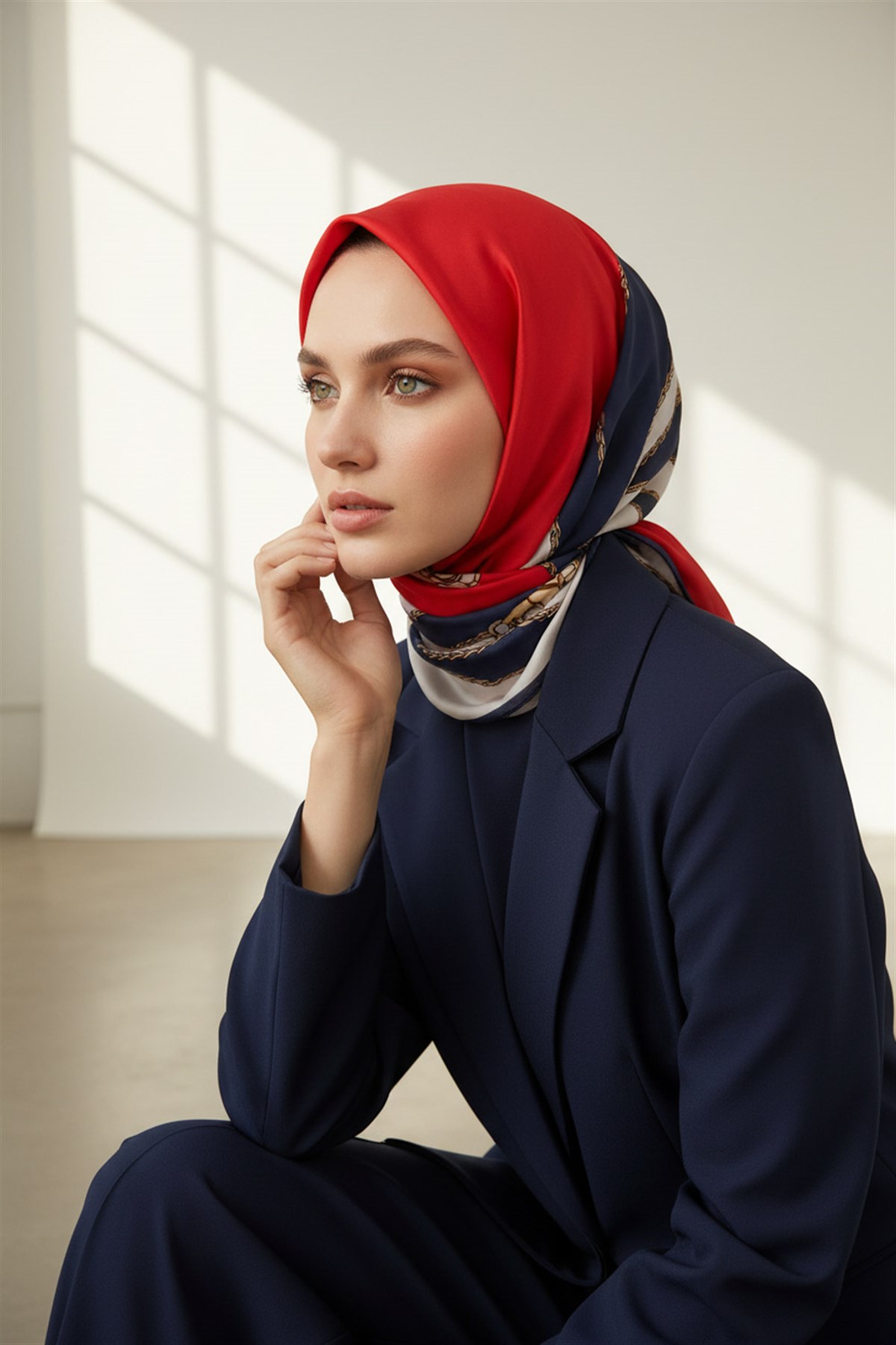 %100 Saf İpek Şal İnce Saten Vual Dokuma Geometrik Desenli Lacivert - Kırmızı Renkli 90x210 Şal