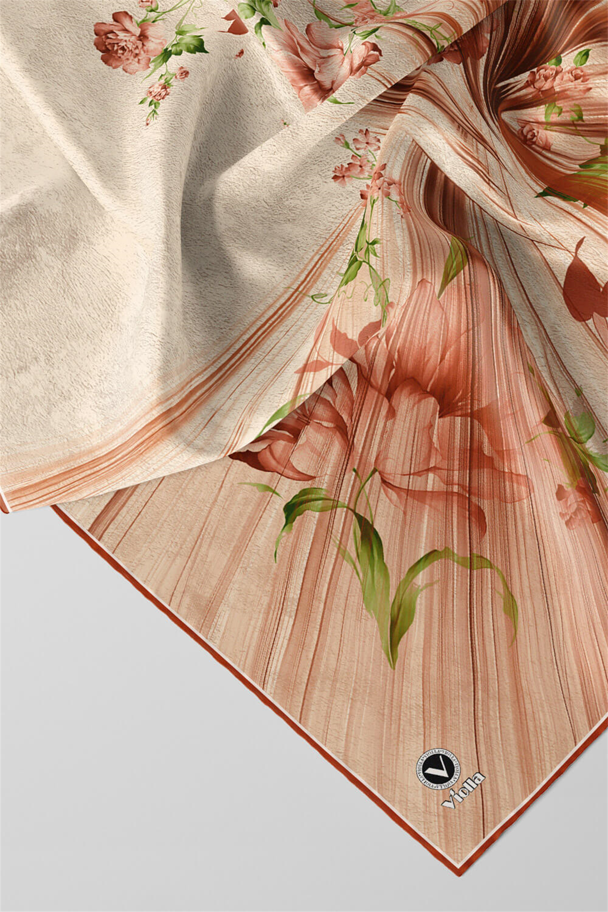 Twill Çiçekli Desenli Taba Renkli 90x90 Eşarp (İpek İçermez) Kenar Dikiş Şekli El Dikişli
