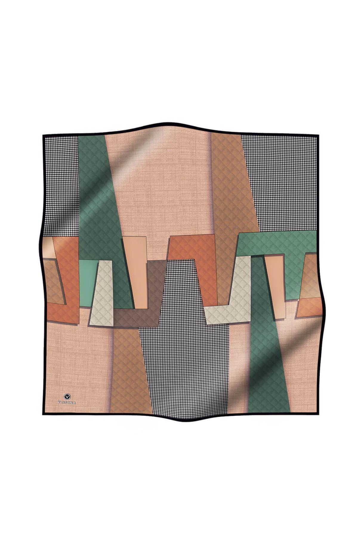 %100 Twill İpek Kazayaklı Ve Geometrik Desenli Somon - Petrol Yeşili Renkli 90x90 Eşarp Dikim Şekli : El Dikişi