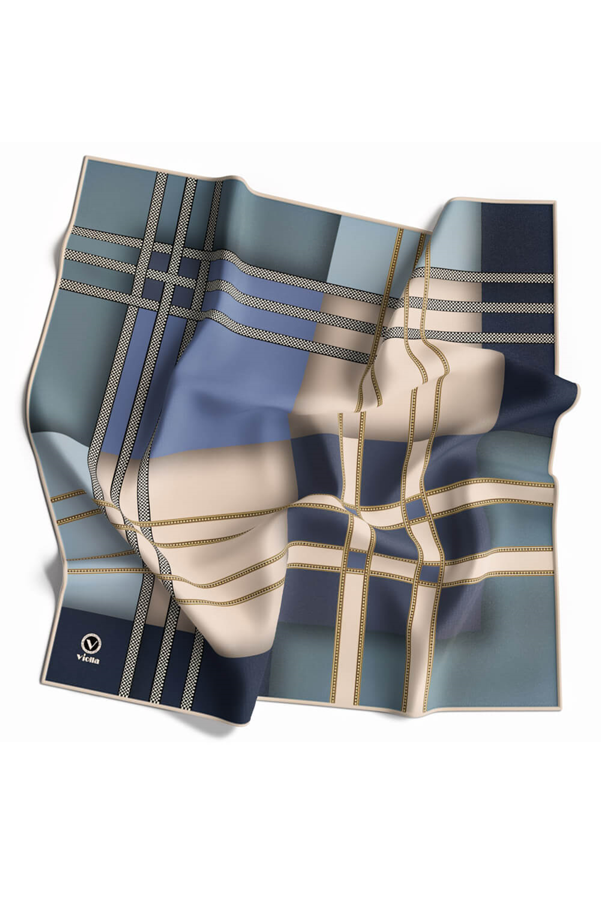 Twill Geometrik Desenli Bebe Mavisi Renkli 90x90 Eşarp (İpek İçermez) Kenar Dikiş Şekli El Dikişli